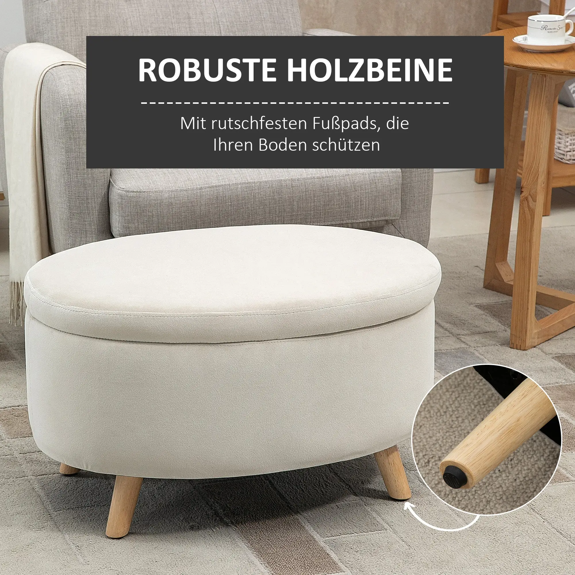 HOMCOM Sitzbank Sitztruhe oval Stauraum Samtoptik Holzbeine Beige