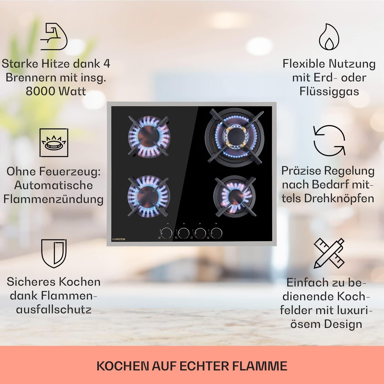 Klarstein Gasherd, Gaskochfeld 4 Flammig, Einbau-Gaskocher für Zuhause & Wohnmobil, Campingkocher mit Glasplatte, Gasherd für Propan- und Erdgas, Edelstahl Gas-Herdplatte Wok Brenner 8000 Watt