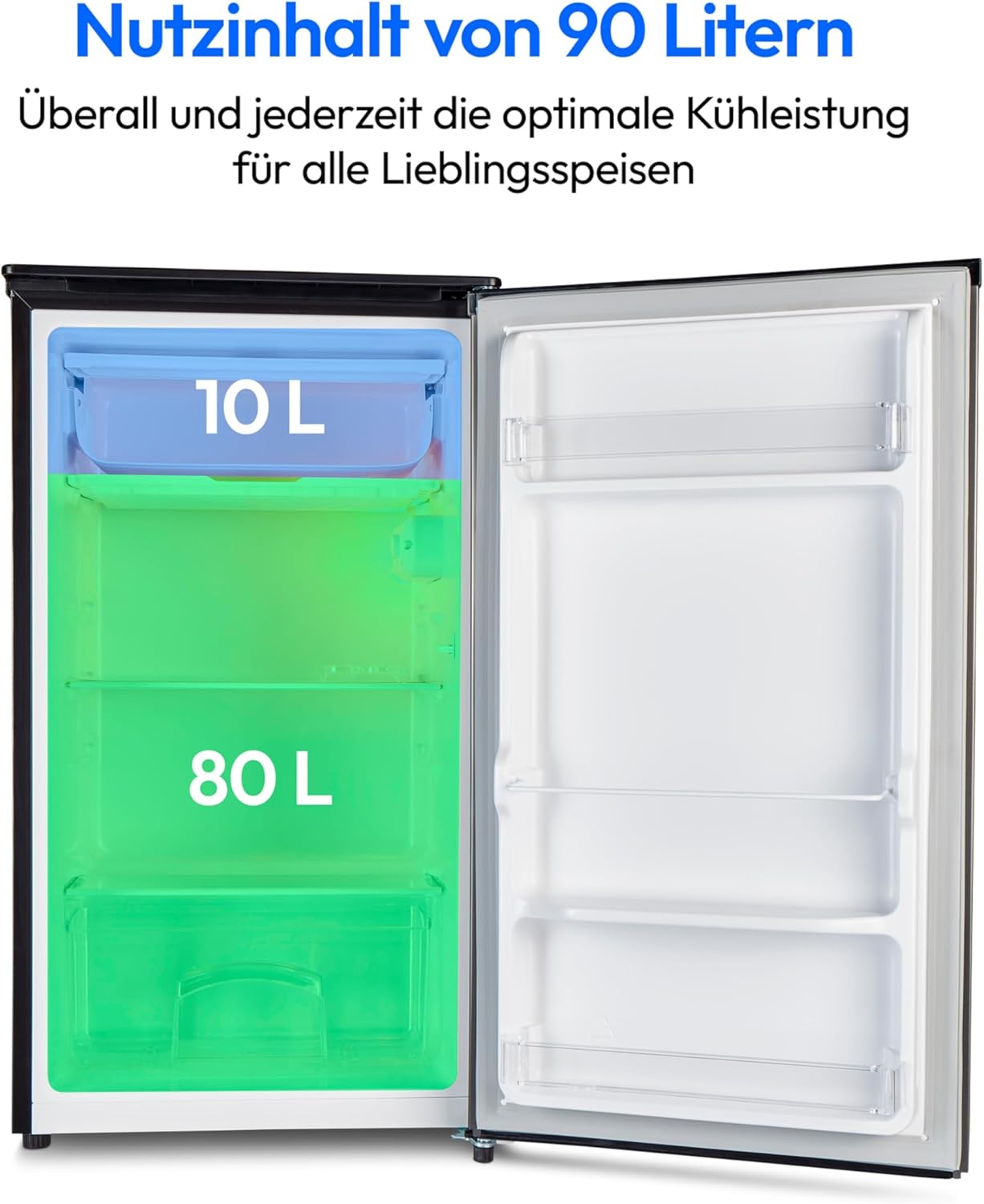 MEDION Kühlschrank mit Eiswürfelfach (90L Gesamt-Nutzinhalt 80L Kühlteil 10L Eiswürfelfach, transparente Gemüseschublade, freistehend, wechselbarer Türanschlag, höhenverstellbare Füße, MD37690) grau