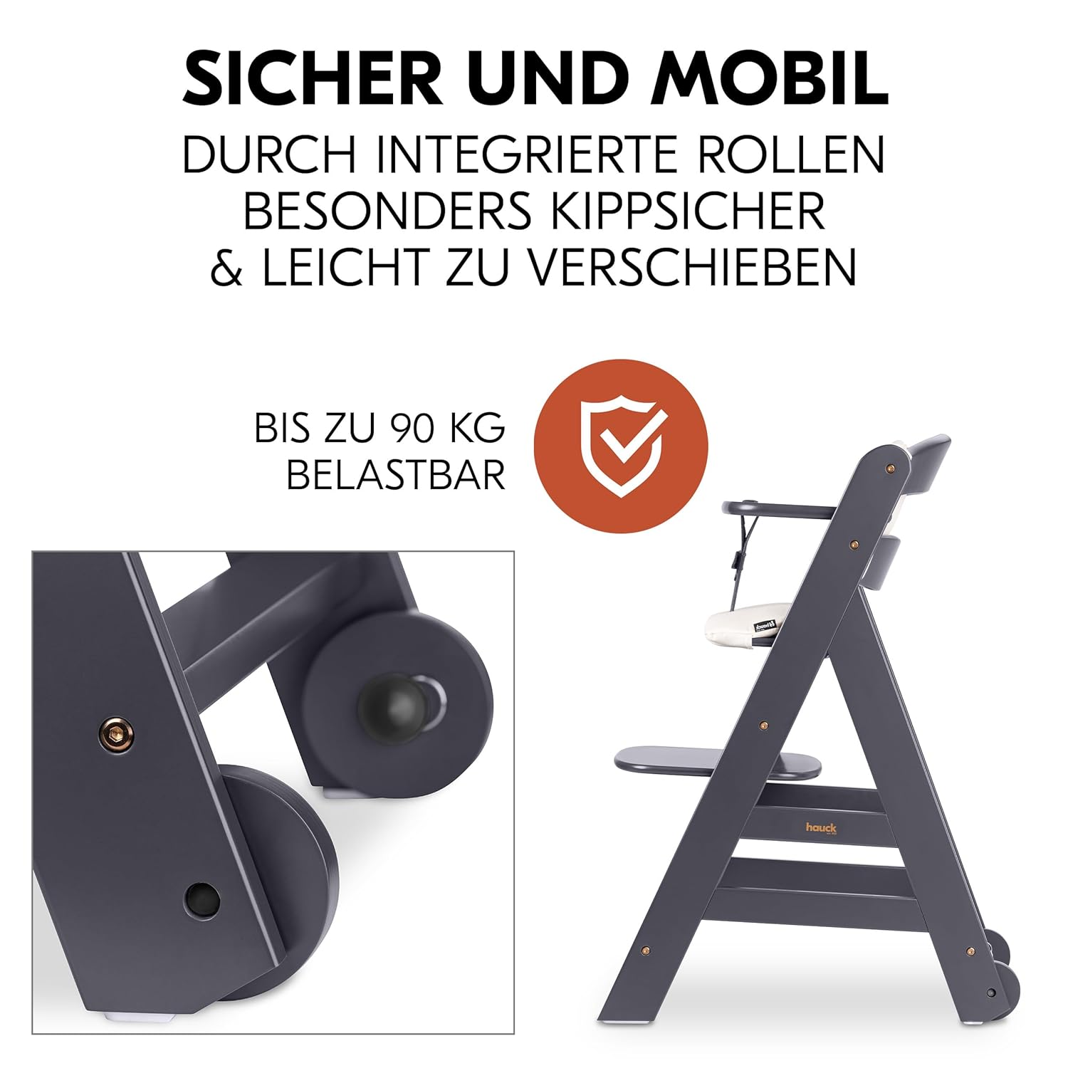 hauck Hochstuhl Beta+ Newborn Set Eco Bouncer - mitwachsender Holz Babyhochstuhl ab Geburt, inkl. Neugeborenenaufsatz, Sitzpolster und Essbrett - Dark Grey