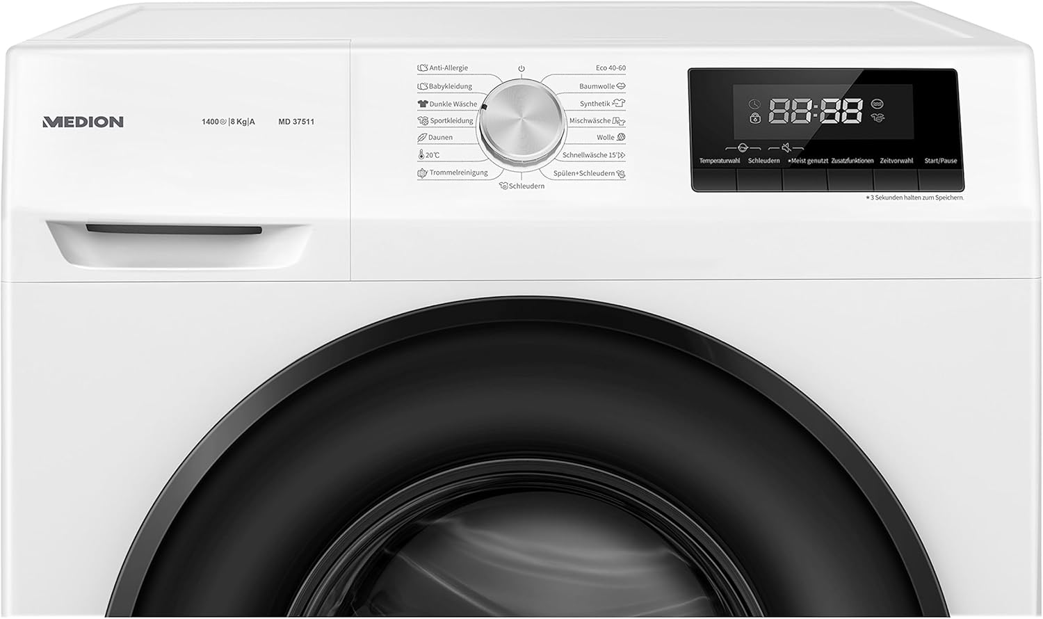 MEDION Waschmaschine (8 kg, 1400 U/Min, 15 Programme, Timerfunktion, Kindersicherung, LED Display, MD 37511)