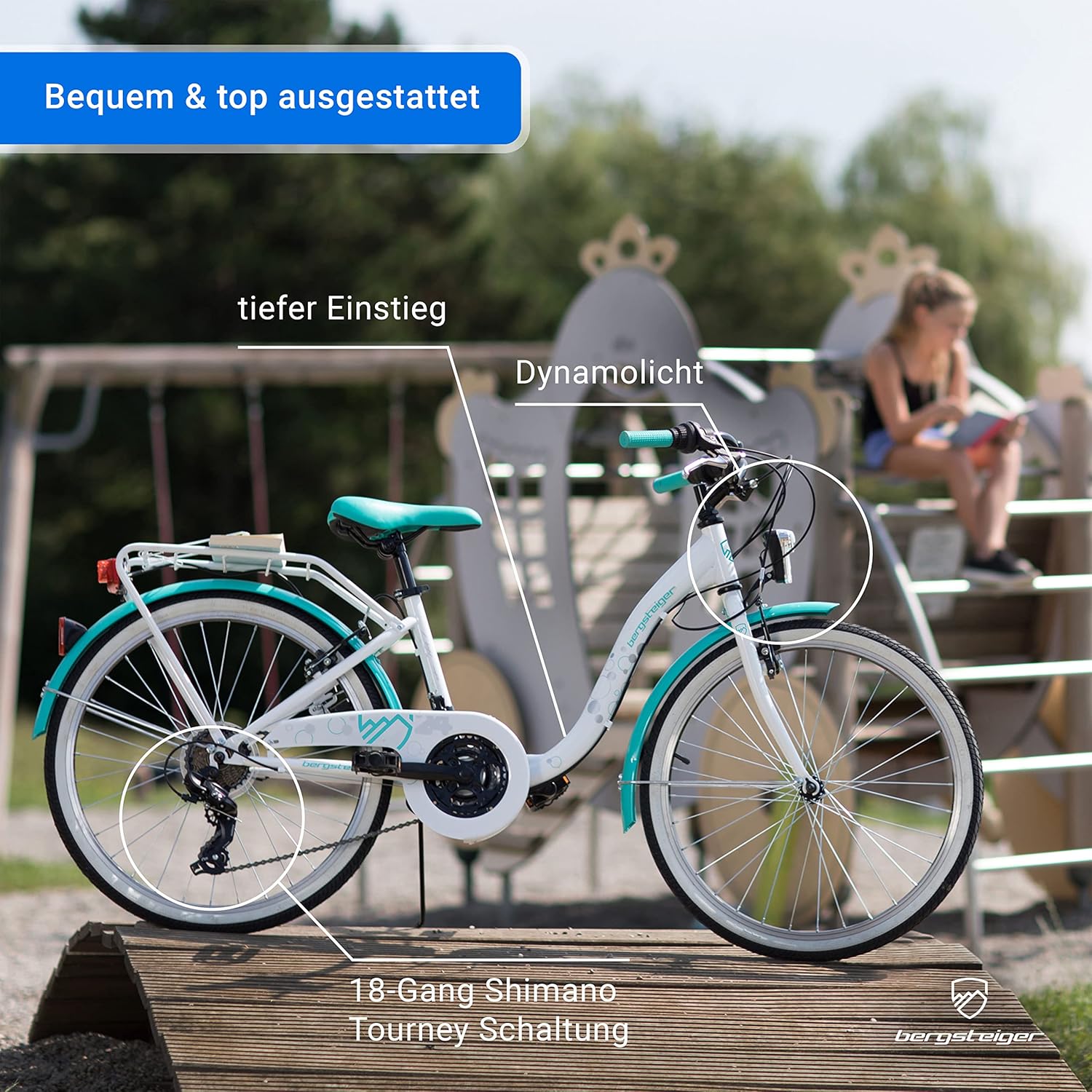 Bergsteiger Atlantis 20, 24 Zoll Kinderfahrrad, geeignet für 6,7, 8, 9, 10, 11 Jahre, StVZO, Shimano Schaltung, Mädchen-Fahrrad mit Dynamo-Licht