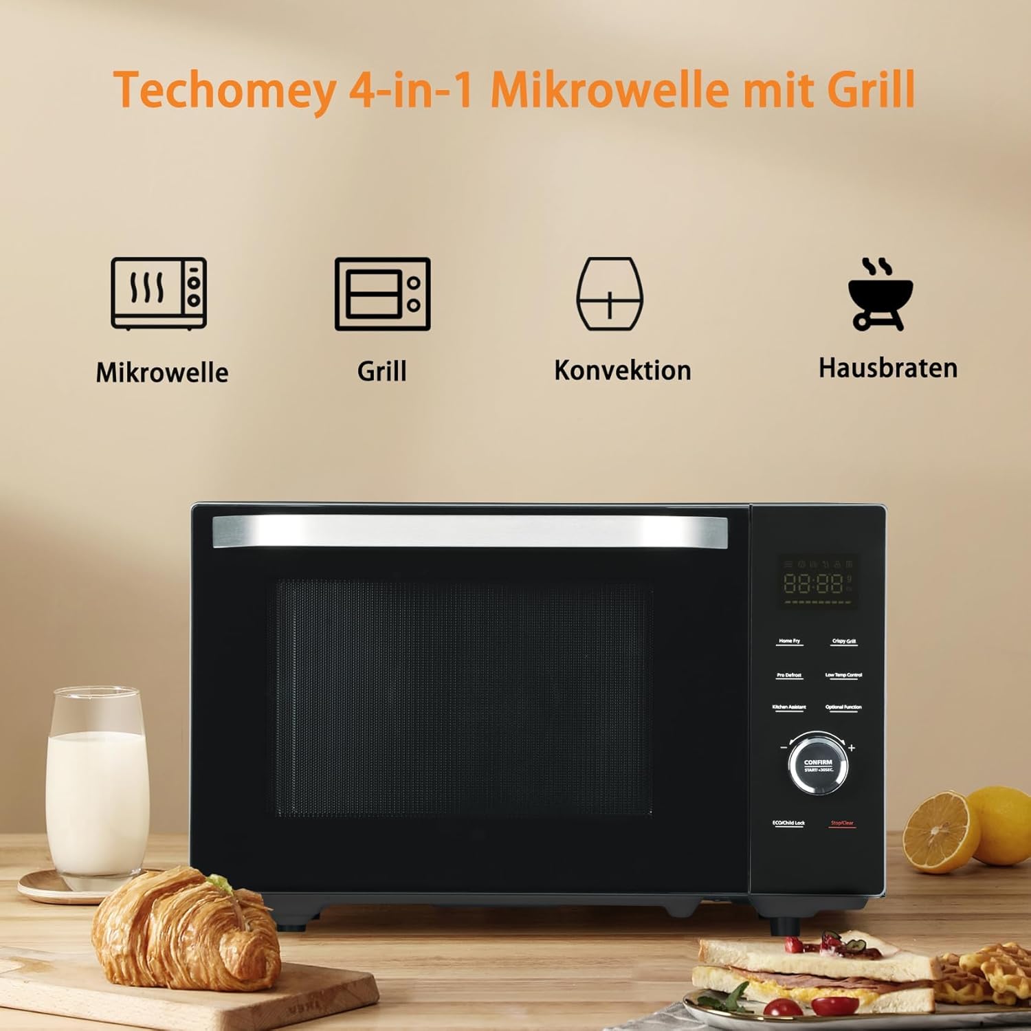 Techomey 4 IN 1 Mikrowelle mit Grill 34L, 1000W Mikrowelle mit Grill und Heißluft, Konvektions Mikrowelle 2400W, Mikrowelle mit Grill 2400W, Kombi Mikrowelle, ECO-Modus, Edelstahl