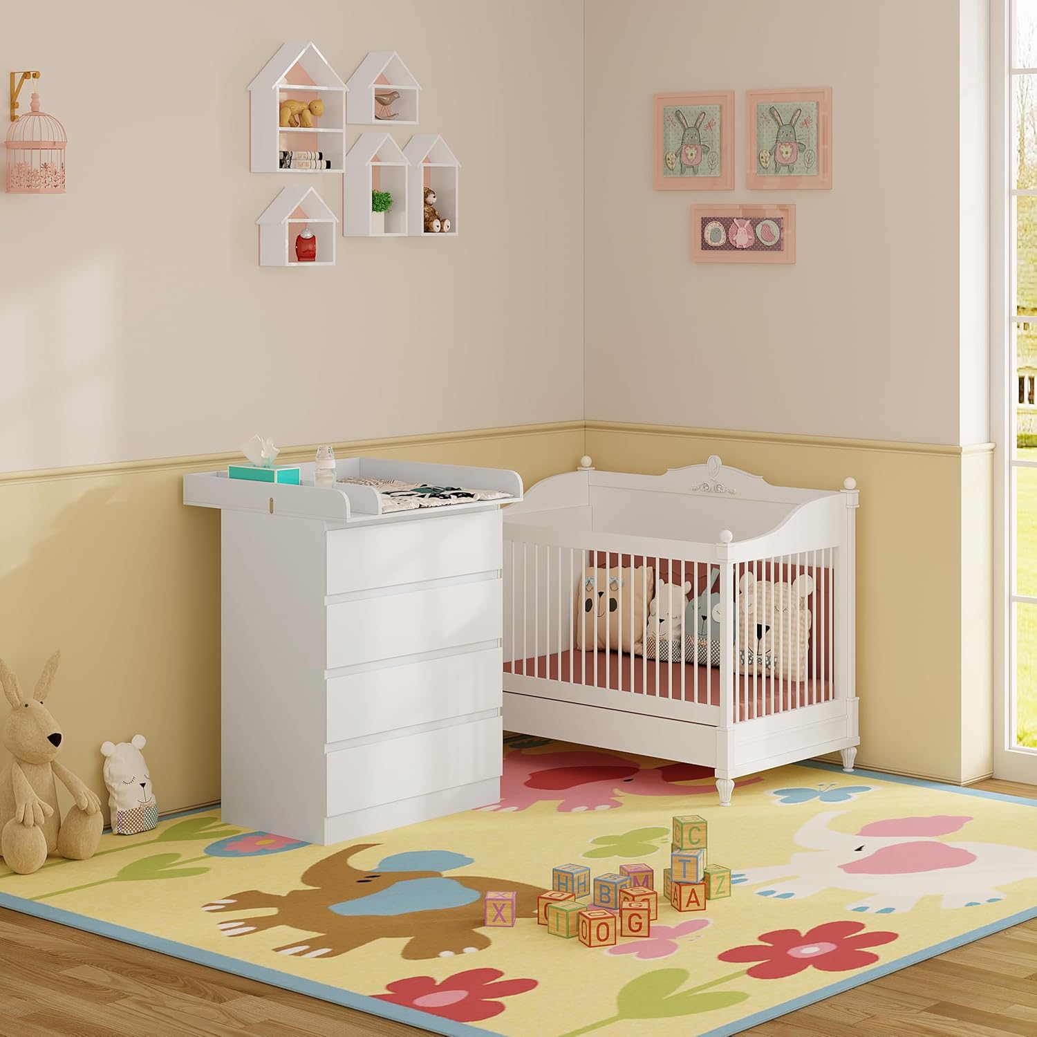 WOLTU Wickelkommode mit abnehmbarer Wickelaufsatz, Wickeltisch Baby, Wickelregal, Kommode mit 4 Schubladen, Höhe 110 cm, Weiß + Hochglanz Weiß