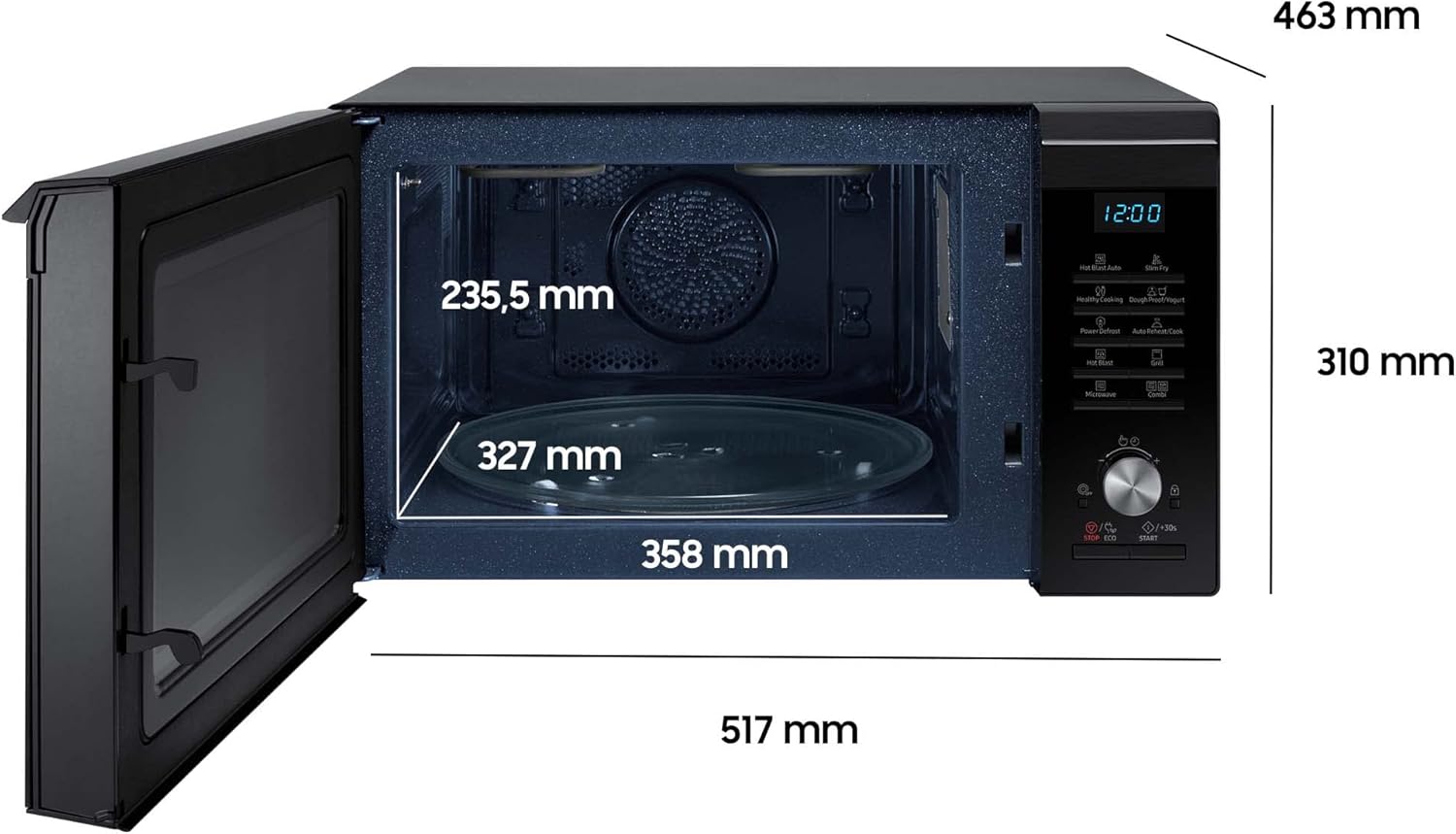 Samsung MC2BM6035KK/EG Mikrowelle mit Grill und Heißluft, 900 W, 28 ℓ Garraum, 51,7 cm Breite, Kratzfester Keramik-Emaille-Inneraum, HotBlast Technologie, Schwarz