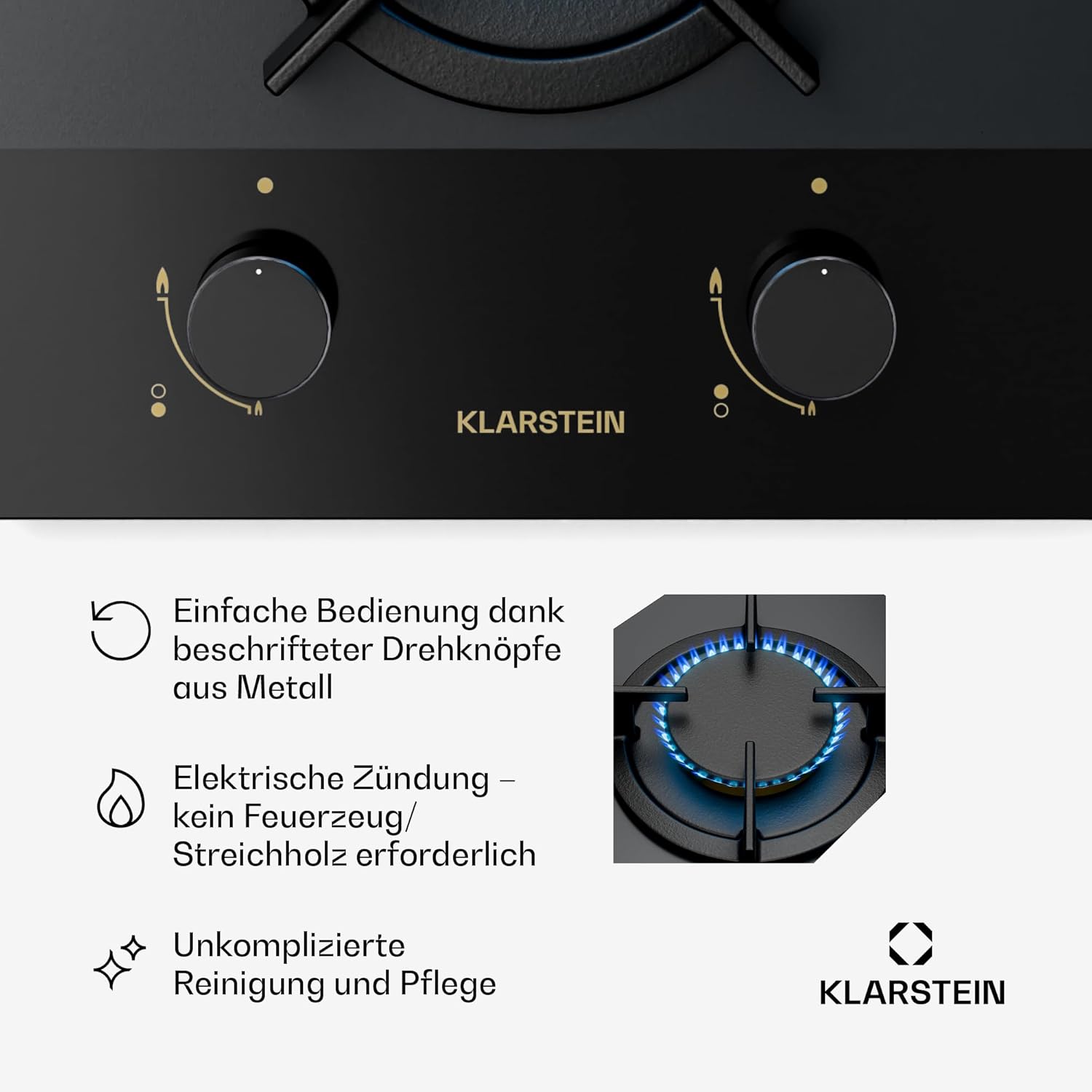 Klarstein Gasherd, Gaskochfeld 4 Flammig, Einbau-Gaskocher für Zuhause & Wohnmobil, Campingkocher mit Glasplatte, Gasherd für Propan- und Erdgas, Edelstahl Gas-Herdplatte Wok Brenner 8000 Watt