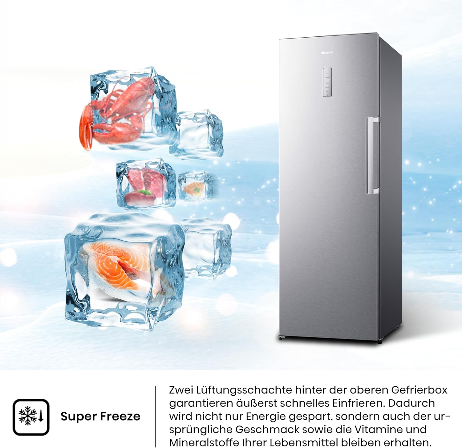 Hisense FV191N4AW2 Gefrierschrank/ TotalNoFrost/ SuperFreeze/ Türalarm/ Multiflow 360°/ BigBox/ 143,4 cm/ Gefrierteil 147 l/ 41 dB/ 205 kWh/Wei