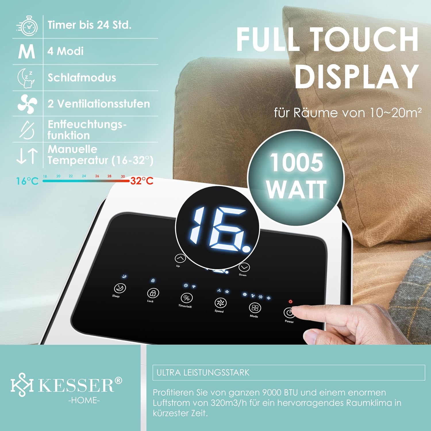 KESSER® Klimaanlage Mobiles Klimagerät 4in1 kühlen | Luftentfeuchter lüften | Ventilator 9000 BTU/h 1005W | Mobil Klima mit Montagematerial, Fernbedienung & Timer | Nachtmodus & 360° Rollen