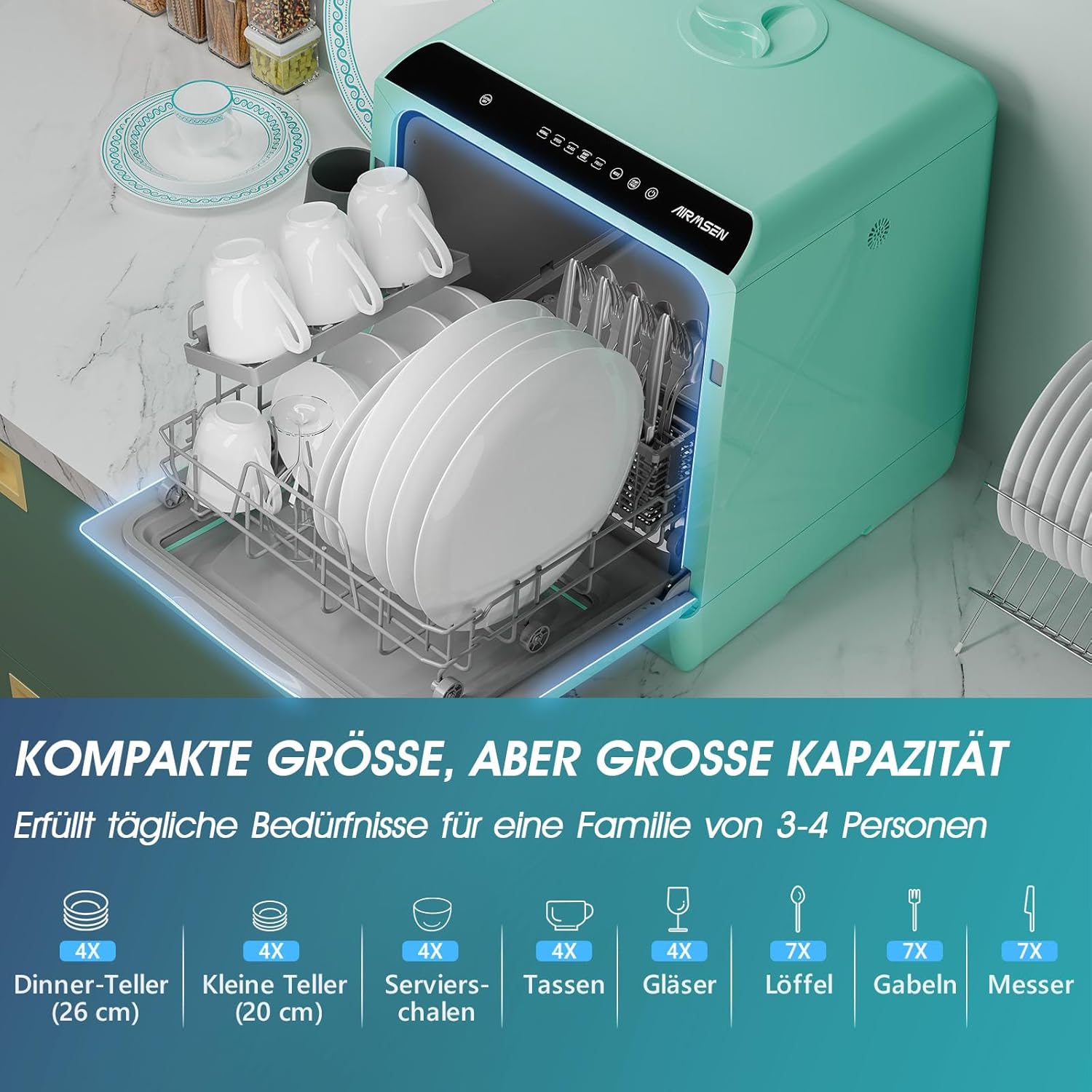 AIRMSEN Mini Geschirrspüler Tischgeschirrspüler mit 5+1 Programme 5L Wassertank, 2 Wege Wasserversorgung, Touch Control & LED-Display, Geeignet für Hausküchen, Wohnungen, Schlafsäle, Weiß & Schwarz