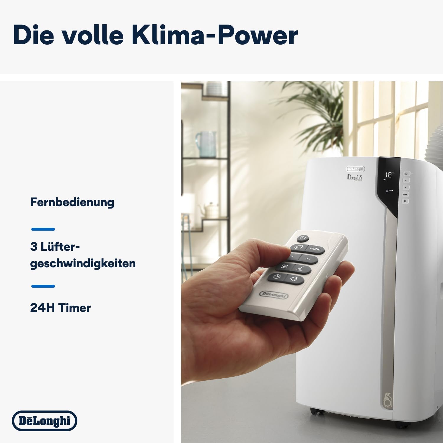 De'Longhi Pinguino PAC EM82, Mobile Klimaanlage für Rume bis zu 80 m, 9.400 BTU, 2,4 kW, 63 dB, Entfeuchtungsfunktion, Energieklasse A, 24h-Timer, Wei