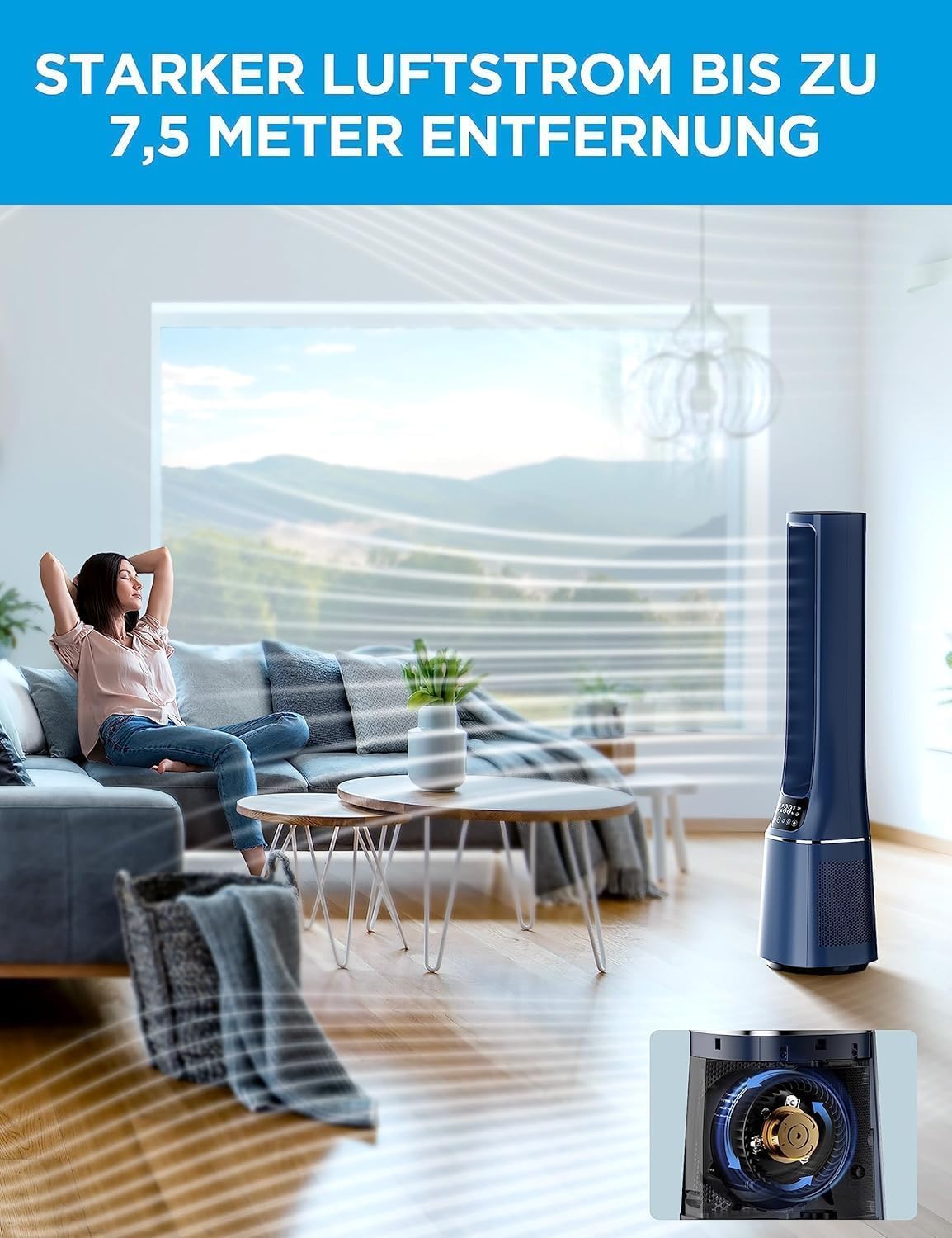 Midea MFP-120i (BL) 2 in 1 Turmventilator Leise 38dB Luftreiniger H13 True HEPA auf 47.6 ㎡ LED Display Fernbedienung Oszillation 12H Timer Kompatibel für Wireless Connection App Alexa Google