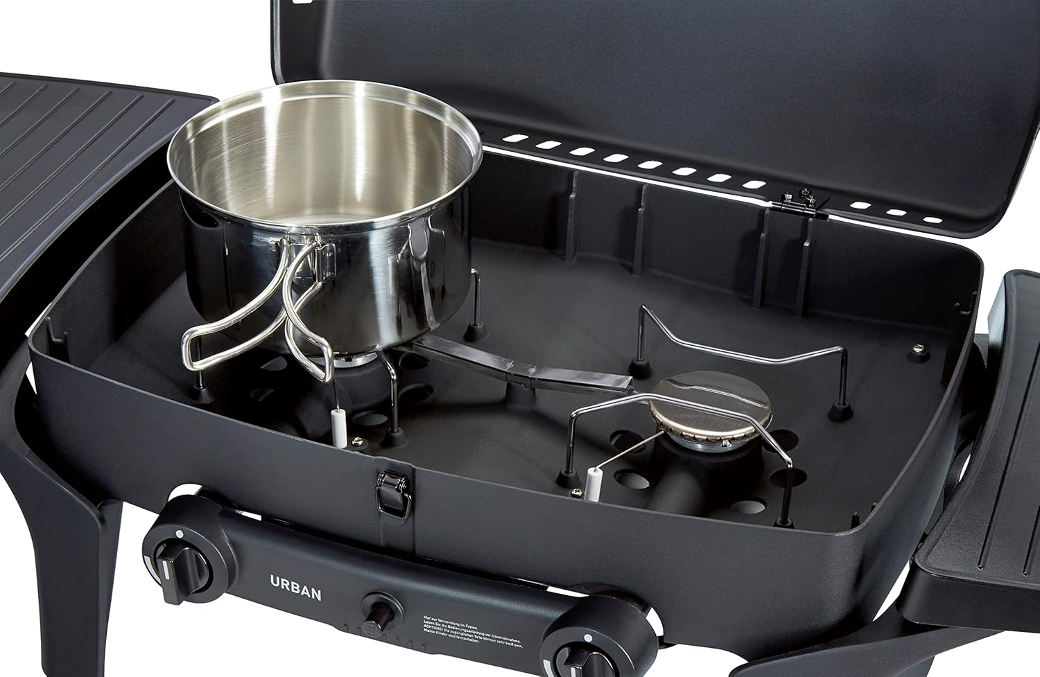 EndersGasgrill Urban II Pro, Tischgrill, Grillen-, Kochen- und Backen Funktion, 2 Brenner Edelstahl, mit Grill-Thermometer, Balkon-, Camping-Grill, Aluguss-Gehäuse, Gusseisen-Rost, #2062