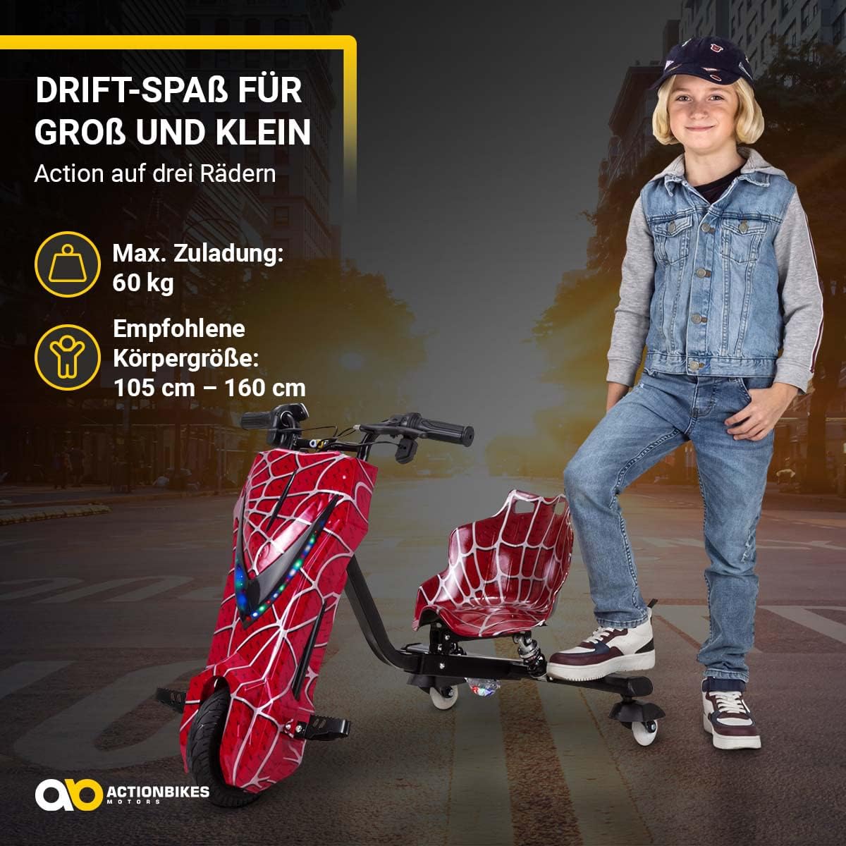 Actionbikes Motors Kinder Elektro Driftscooter | 𝟐𝟓𝟎 Watt Motor - Drift Cart 360°- 3 Geschwindigkeitsstufen - LED-Beleuchtung - Sitz verstellbar - Bluetooth - Drift Kart - Drift Auto (Space Purple)