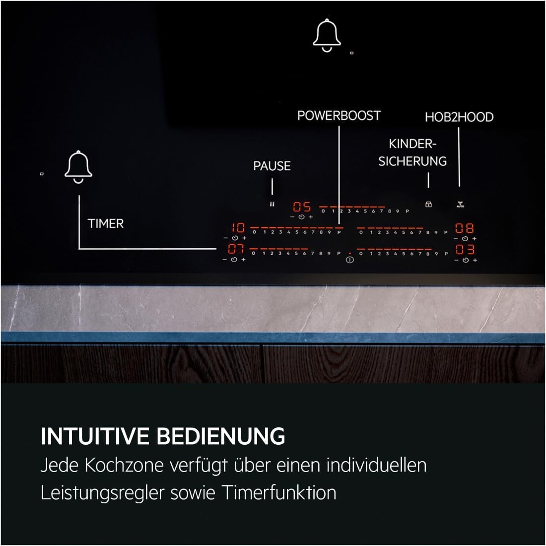 AEG IKE84441XB Autarkes Kochfeld / Herdplatte mit Touchscreen, Topferkennung & Hob²Hood-Funktion / Induktionskochplatte / 4 Kochzonen / Edelstahlrahmen / 80 cm Schwarz