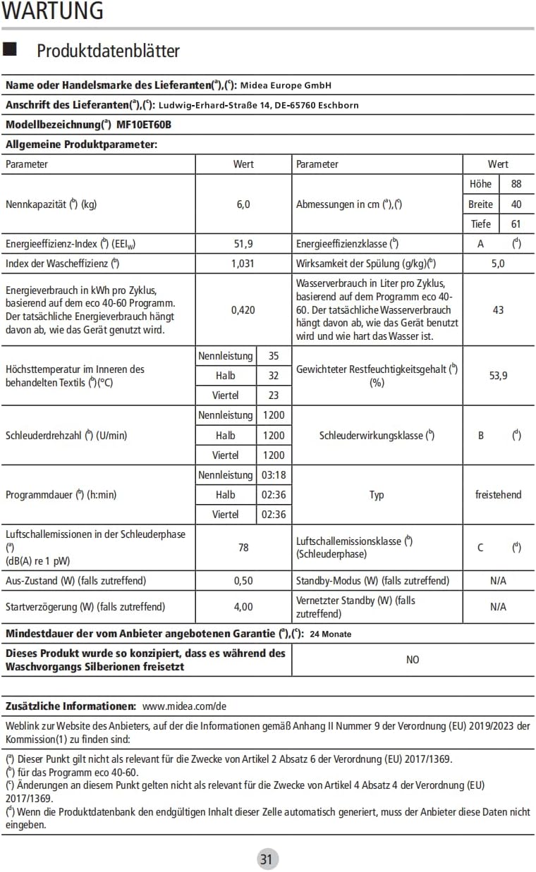 Midea Toplader Waschmaschine MF10ET70B / 7KG / A / 1200 U/min/BLDC Inverter Mortor/Dampffunktion/SoftOpener/XL Türöffnung/Kurz 15'&45' / Mehrere Temperaturoptionen/AquaStop, Weiß