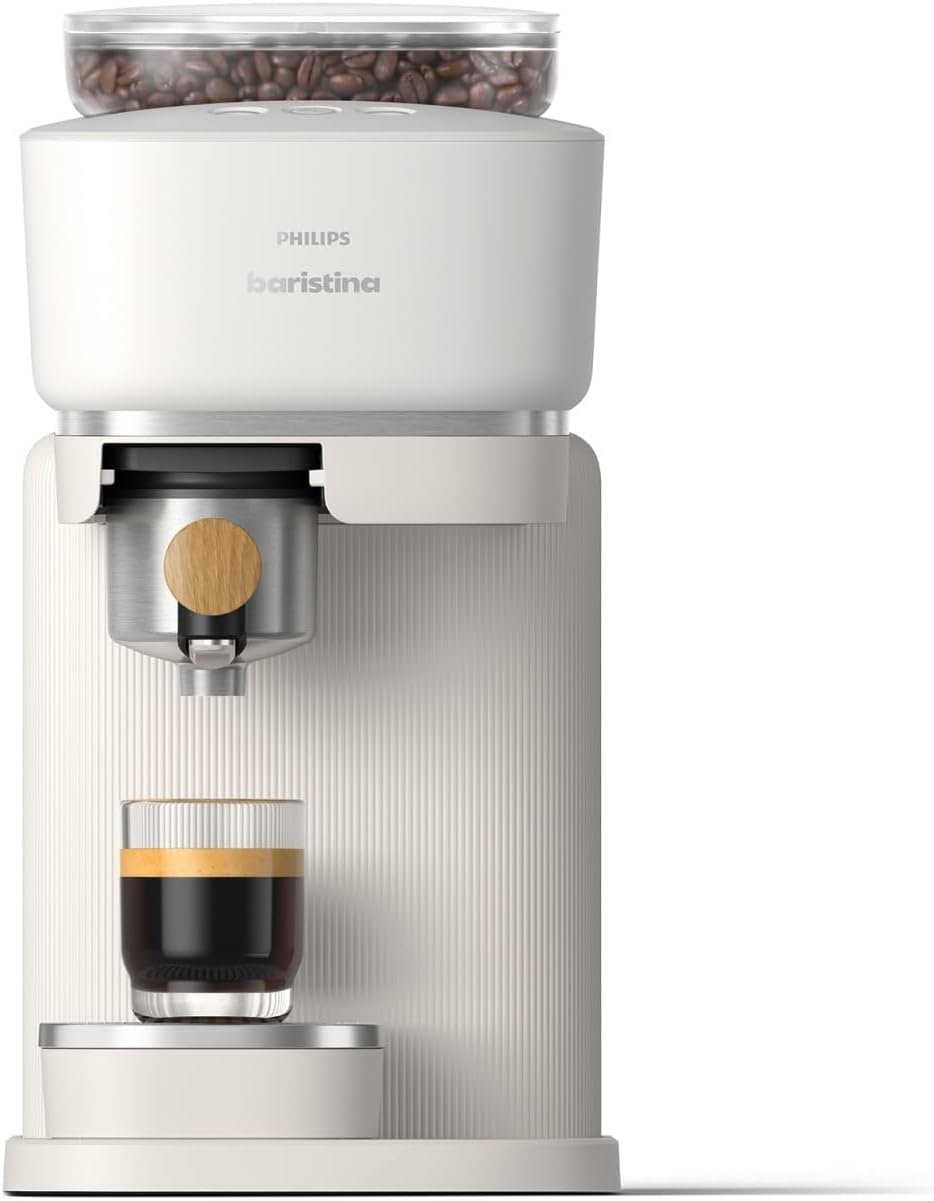 Philips Baristina Espressomaschine - Real Espresso- made simple. Kompakte Kaffeemaschine- Naturweiß mit weißem Siebträger- 16-bar-Pumpendruck- automatisches Mahlwerk- Cafe Crema (BAR300/00)