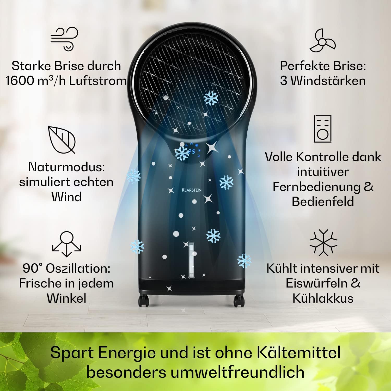 Klarstein Luftkühler mit Wasserkühlung, 3-in-1 Verdunstungskühler, Luftbefeuchter & Ventilator, Mobile Klimageräte Luftkühler mit 5,5L Tank, 90W Air Cooler mit Nachtmodus, 1600m³/h Luftstrom
