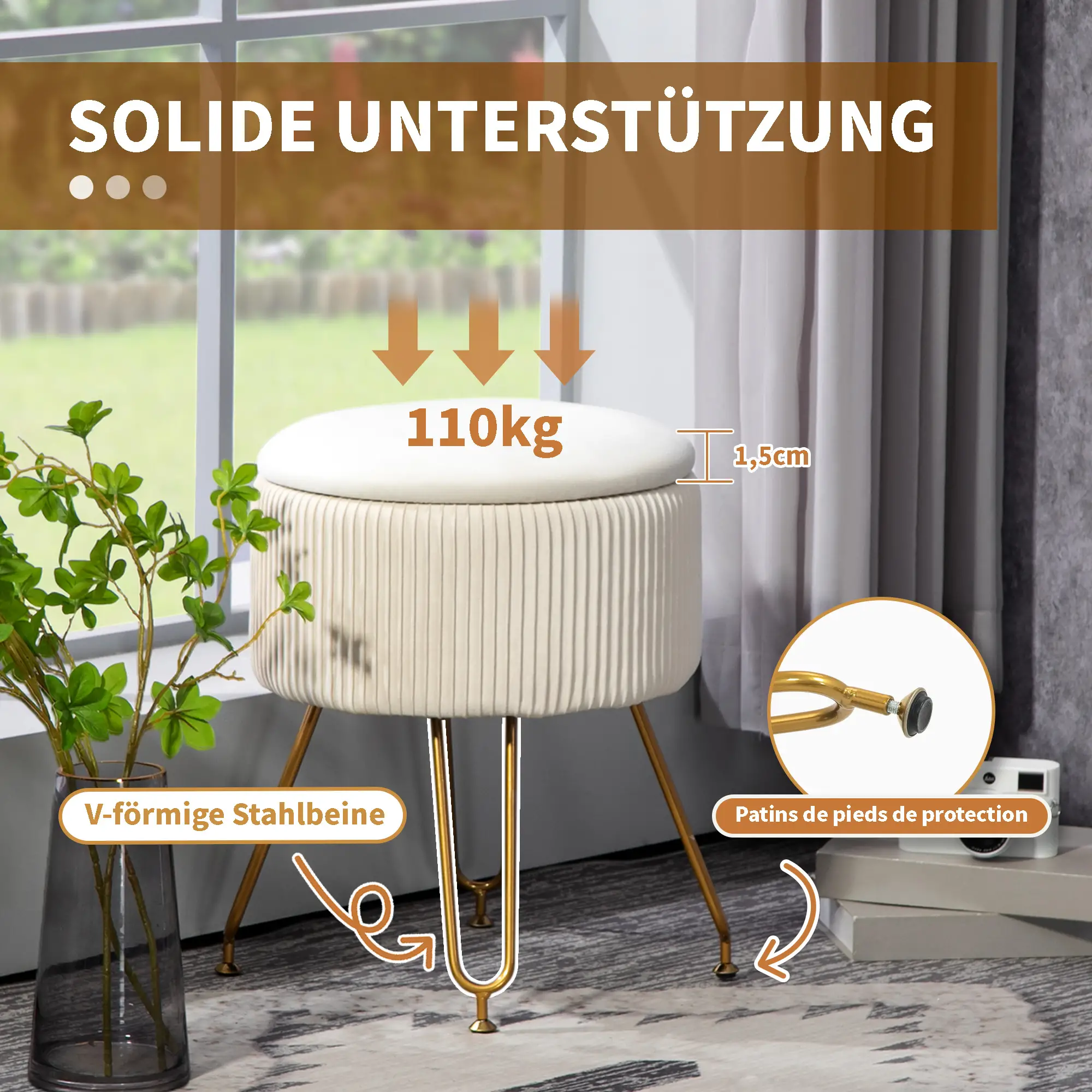 HOMCOM Sitzhocker mit Stauraum und umklappbarem Deckel Cremeweiß