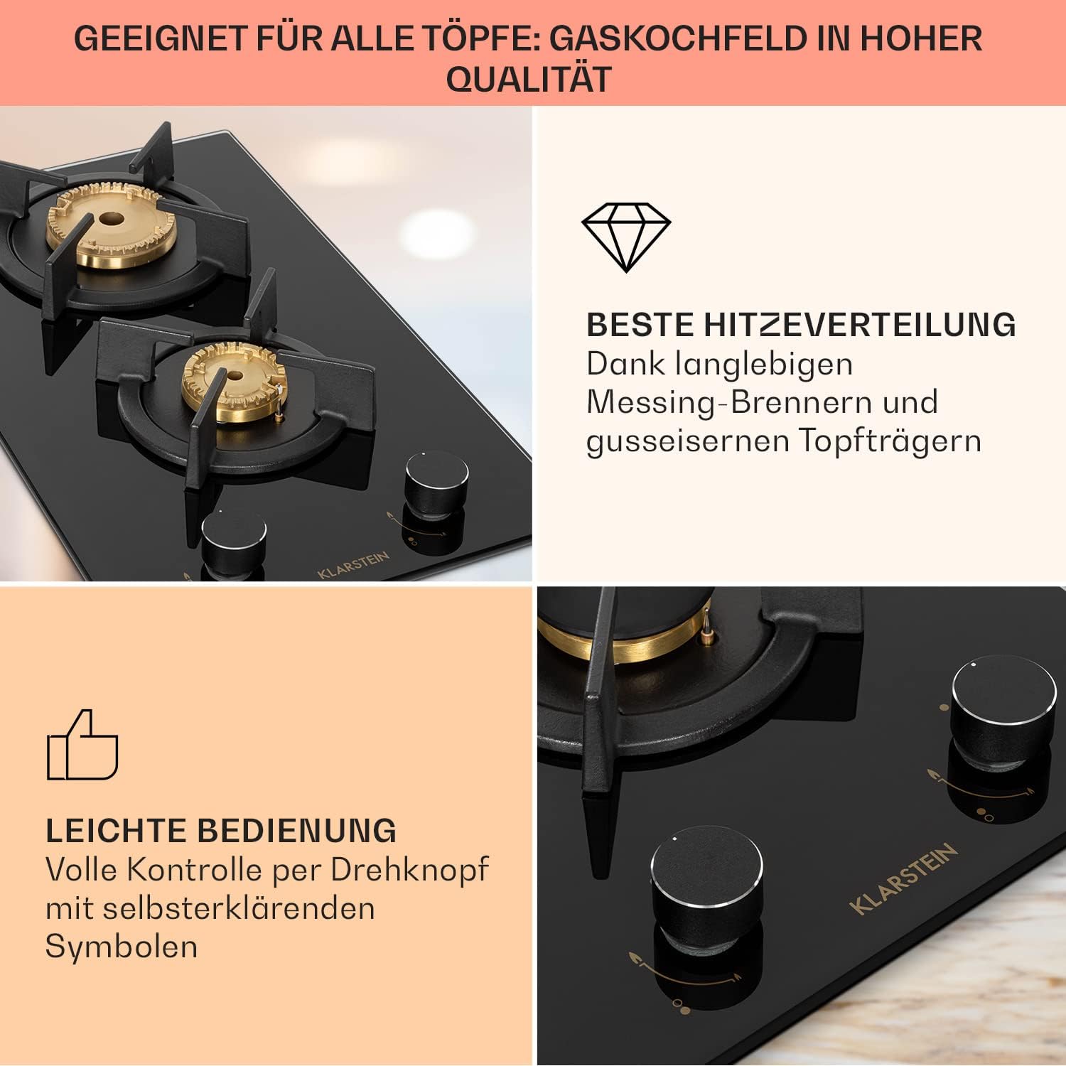 Klarstein Gasherd, Gaskochfeld 4 Flammig, Einbau-Gaskocher für Zuhause & Wohnmobil, Campingkocher mit Glasplatte, Gasherd für Propan- und Erdgas, Edelstahl Gas-Herdplatte Wok Brenner 8000 Watt