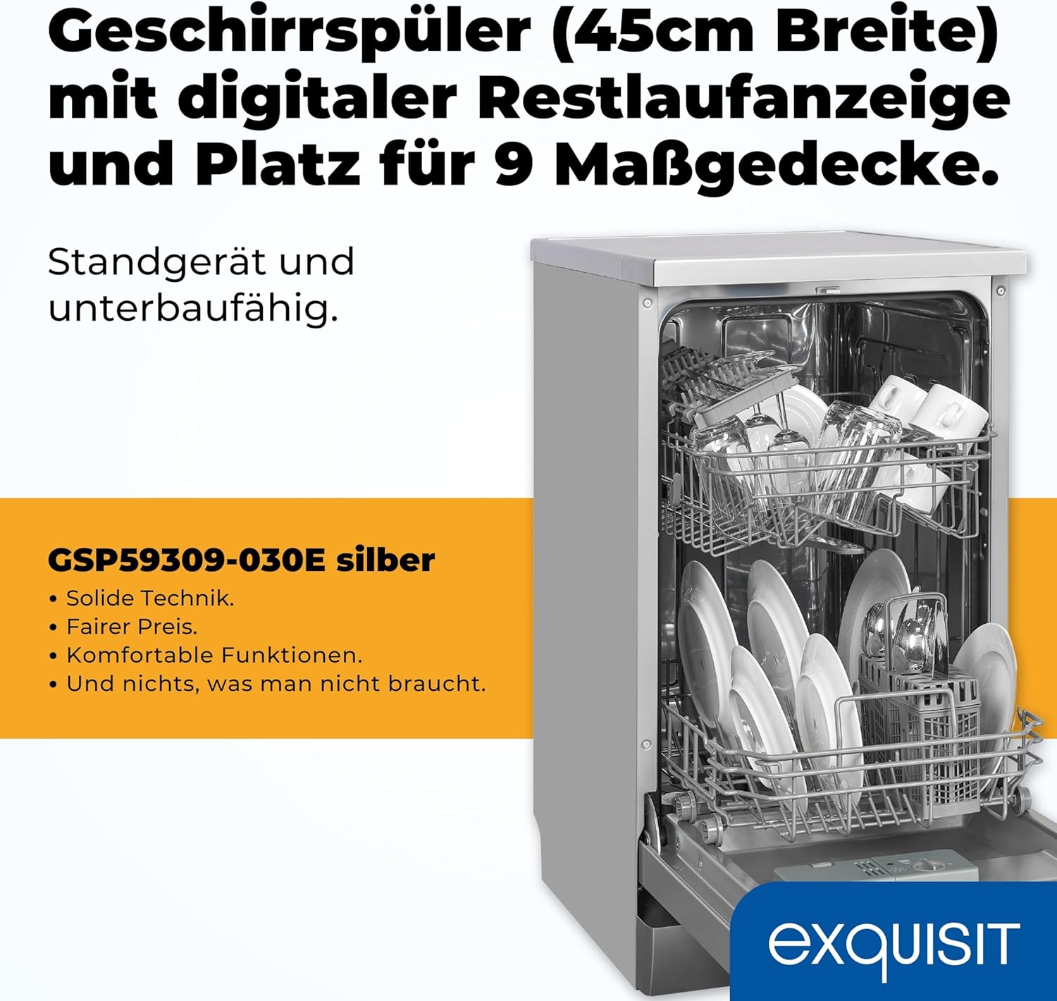 Exquisit Geschirrspüler, 9 Maßgedecke, Spülmaschine 45 cm, Power+, ECO-Modus, Geschirrspüler 45 cm, GSP59109-030E silber