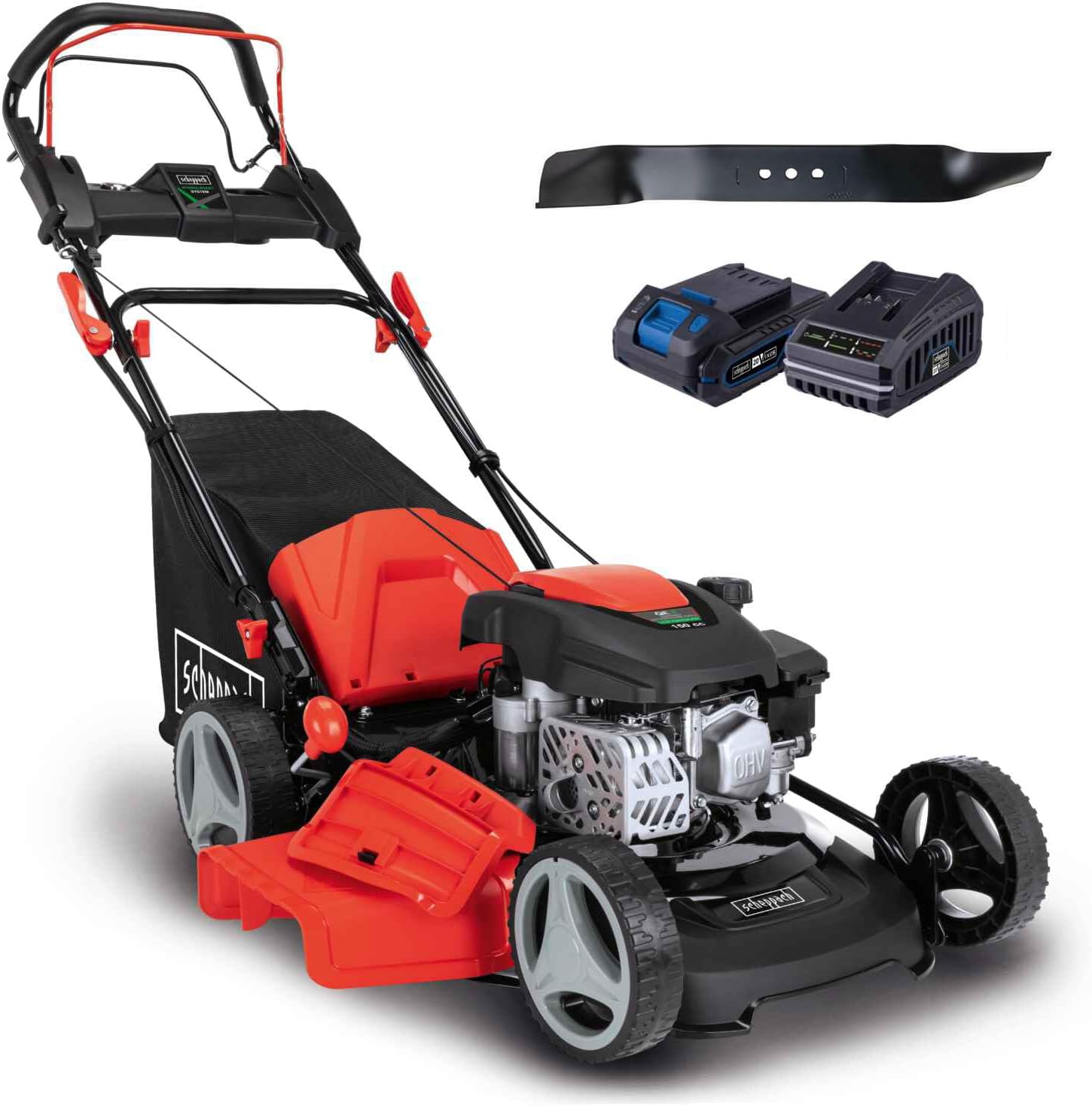 Scheppach MS150-46E Benzin Rasenmäher mit E-Start | 46cm Schnittbreite | Reinigungsfunktion | 55 Liter Fangkorb | Stahlgehäuse | 7-stufige Höhenverstellung | Mulchfunktion | Radantrieb | Seitenauswurf