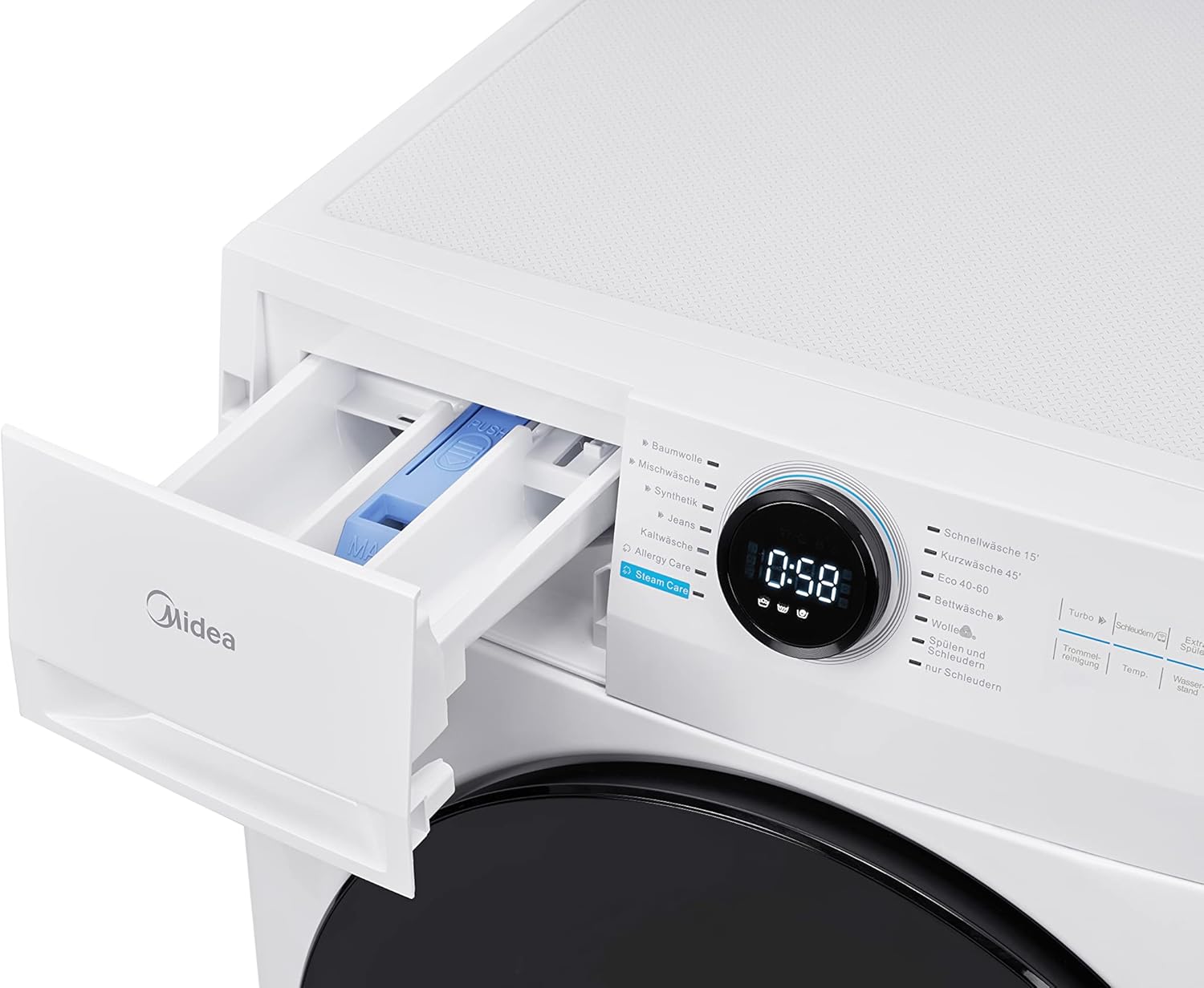Midea MF200W90WB-14A Waschmaschine / 9KG / A/Leiser & effizienter Inverter Motor/HealthGuard-System/Steam Care/Nachlegefunktion/APP-Steuerung/AquaStop, Weiß