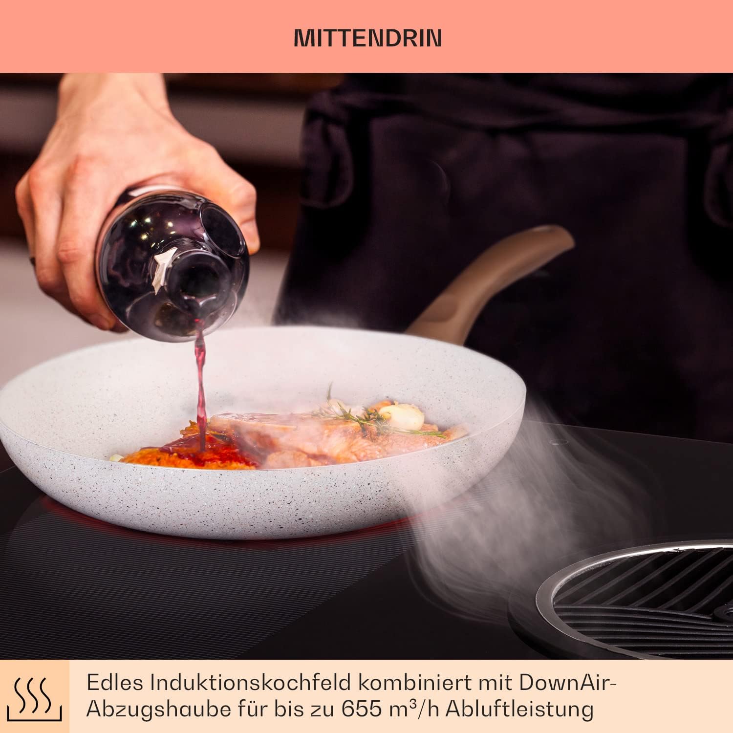 Klarstein 2-in-1 Induktionskochfeld mit Dunstabzug, Induktionskochfeld mit Abluft & Ventilator, 4-Zonen-Kochfeld, Glaskeramik-Einbauherd, Kochfeld mit Dunstabzug, Energieklasse A, 654m³/h Luftstrom