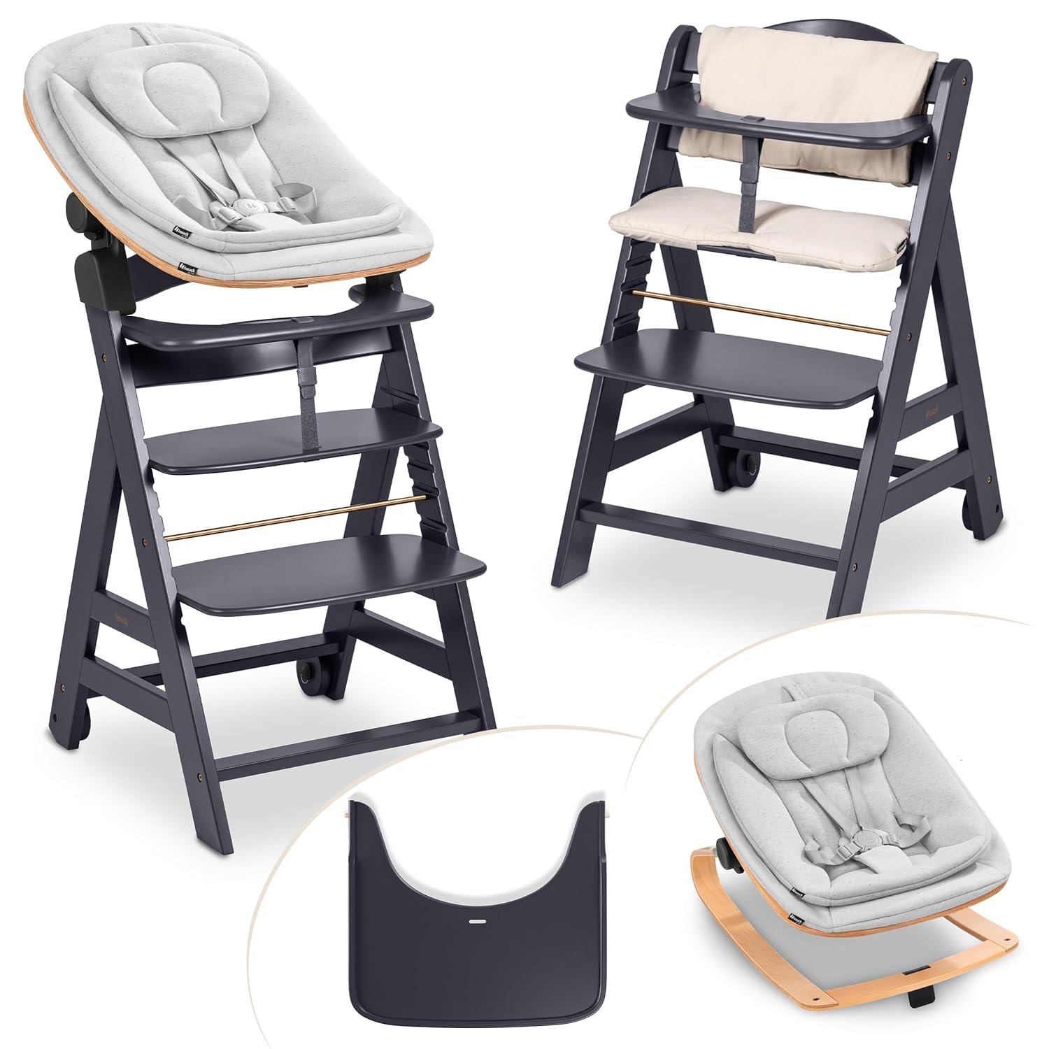 hauck Hochstuhl Beta+ Newborn Set Eco Bouncer - mitwachsender Holz Babyhochstuhl ab Geburt, inkl. Neugeborenenaufsatz, Sitzpolster und Essbrett - Dark Grey