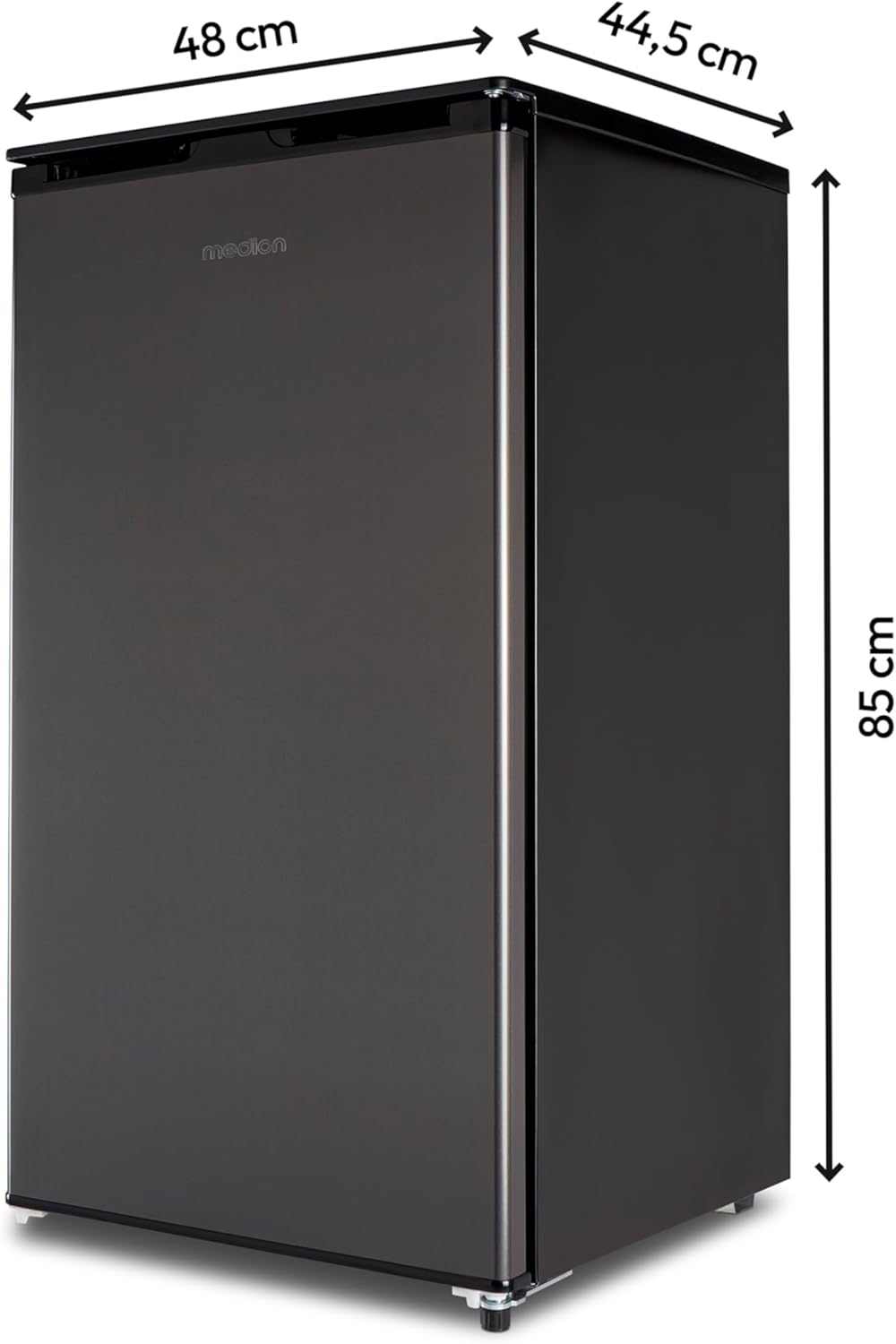 MEDION Kühlschrank mit Eiswürfelfach (90L Gesamt-Nutzinhalt 80L Kühlteil 10L Eiswürfelfach, transparente Gemüseschublade, freistehend, wechselbarer Türanschlag, höhenverstellbare Füße, MD37690) grau