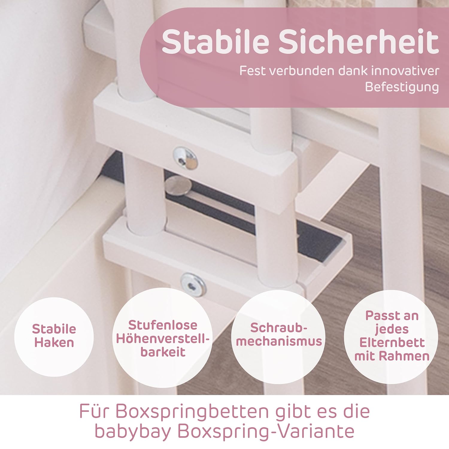 babybay Original Beistellbett aus massivem Buchenholz / kompakt & verwandelbar / Kinderbett Höhe stufenlos verstellbar & umweltfreundlich / mitwachsendes Babybett (weiß lackiert) / inkl. Matratze