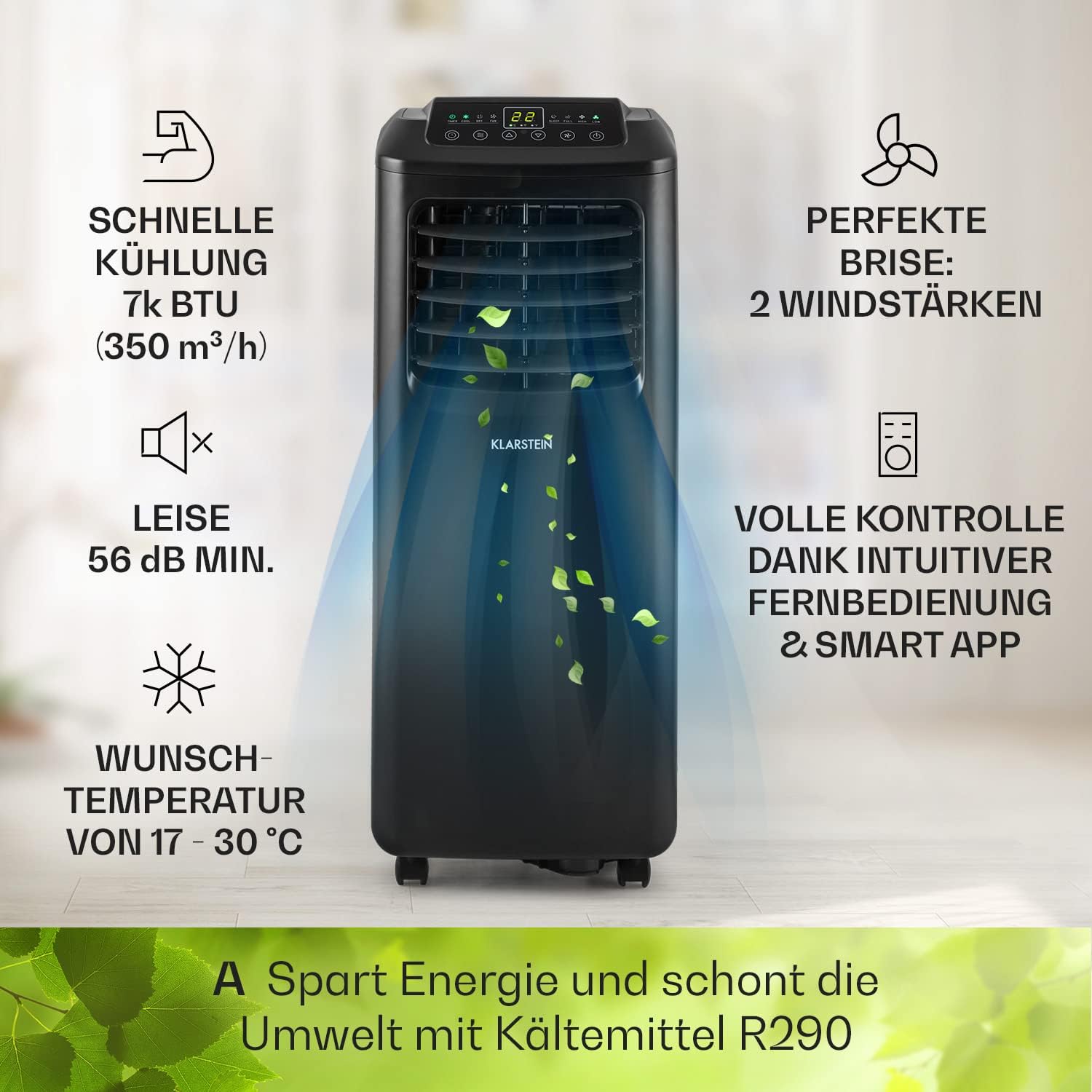 Klarstein Klimaanlage, 4-in-1 Klimagerät, Entfeuchter, Ventilator & Nachtmodus, Mobile Klimaanlage mit Abluftschlauch, App-Steuerung, Air Conditioner für Räume bis 44 m², 9000 BTU, Weiß