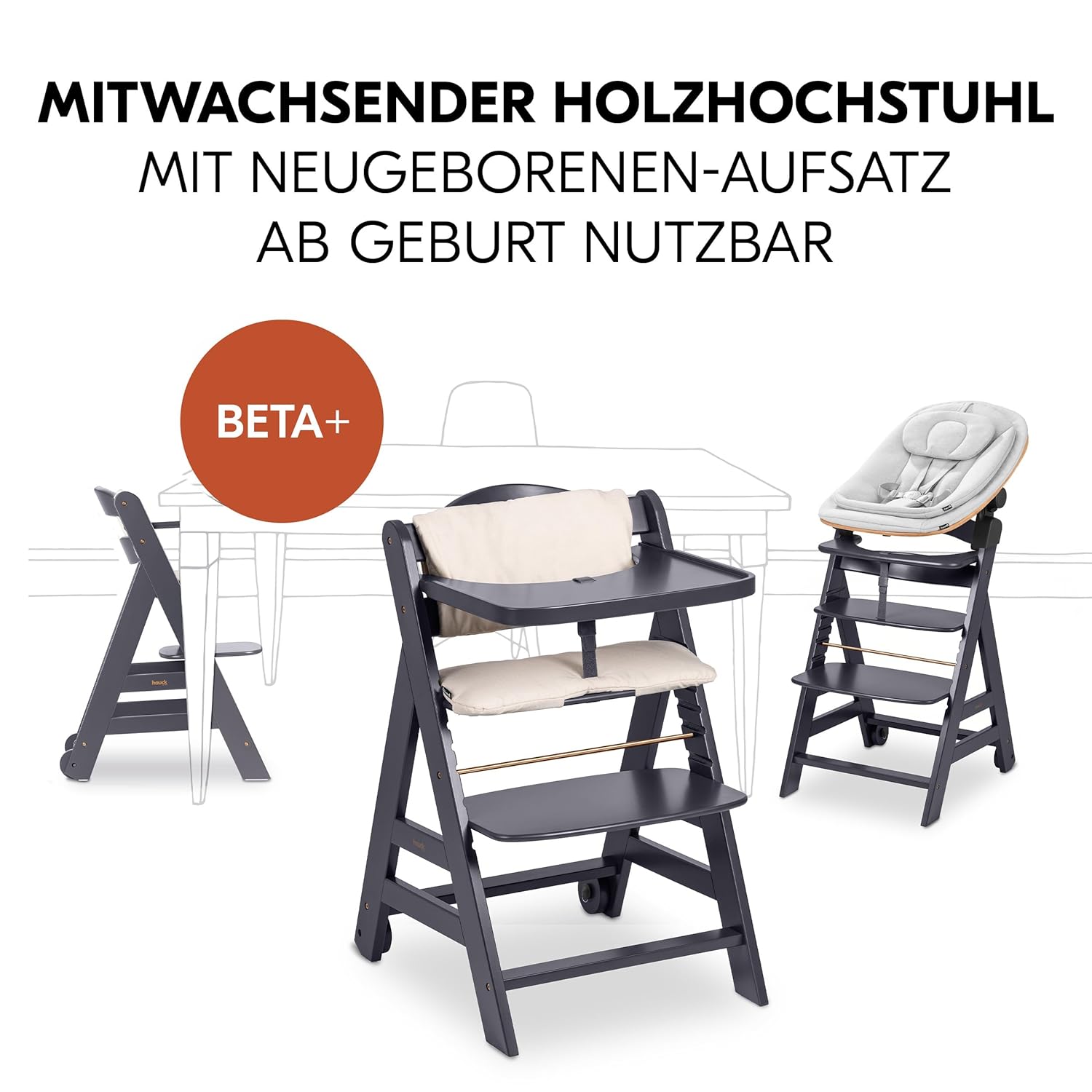 hauck Hochstuhl Beta+ Newborn Set Eco Bouncer - mitwachsender Holz Babyhochstuhl ab Geburt, inkl. Neugeborenenaufsatz, Sitzpolster und Essbrett - Dark Grey