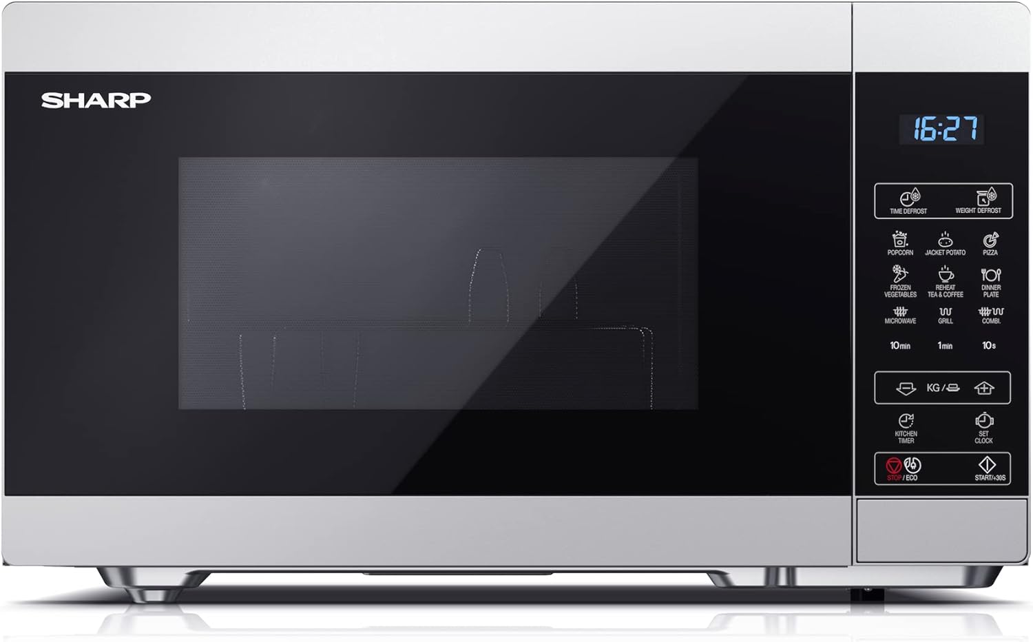 SHARP MG81ES Mikrowelle mit Grill (Mikrowelle: 900W, Grill: 1100W, 11 Leistungsstufen, Auftaufunktion, Abmessungen: 512x300x396cm, Emaille-Keramik-Garraum mit antibakteriellen Eigenschaften), silber