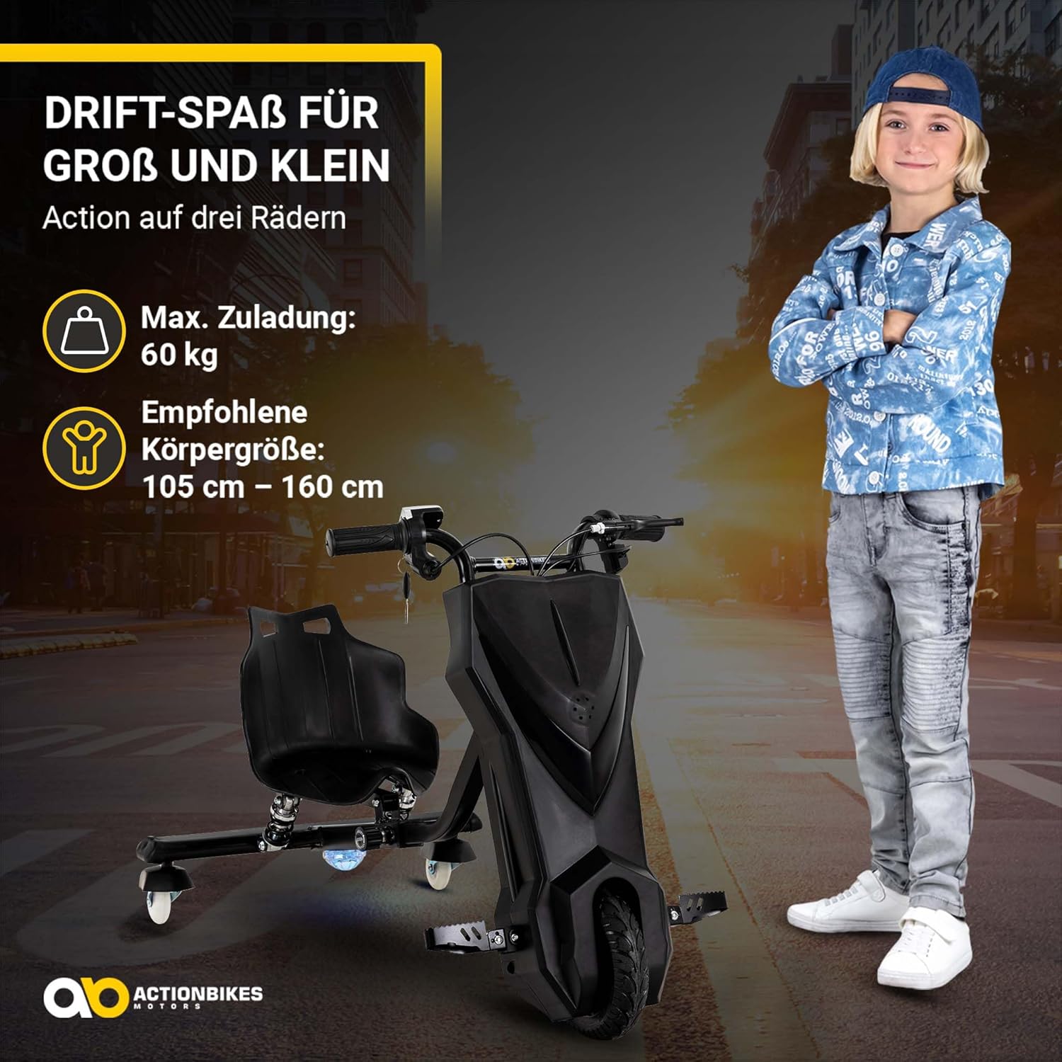Actionbikes Motors Kinder Elektro Driftscooter | 𝟐𝟓𝟎 Watt Motor - Drift Cart 360°- 3 Geschwindigkeitsstufen - LED-Beleuchtung - Sitz verstellbar - Bluetooth - Drift Kart - Drift Auto (Space Purple)