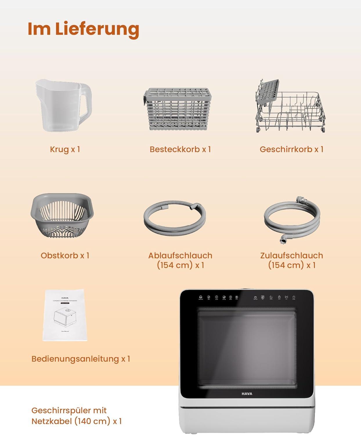 HAVA 2025 NEUE Tischgeschirrspüler mit Wasserenthärter und erhöhter Energieeffizienz, Spülmaschine mit 8 Programmen, Kindersicherung & verzögerter Start, keine Installation erforderlich