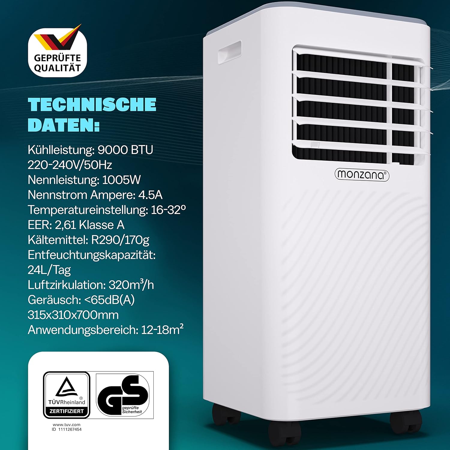Monzana® lokale Klimaanlage MZKA2000 Mobil Abluftschlauch 7000BTU 3in1 750W 24h Timer 25qm Fernbedienung Luftentfeuchter Rollladenkit Klimagerät