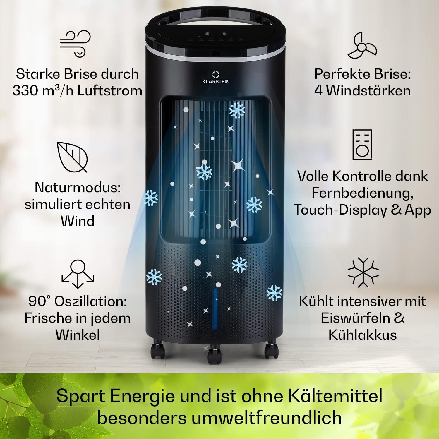 Klarstein Luftkühler mit Wasserkühlung, Leiser 4-in-1 Verdunstungskühler, Luftbefeuchter, Ventilator & Nachtmodus, Mobile Klimageräte Luftkühler 7L, 65W Air Cooler, 330m³/h Kühlender Luftstrom