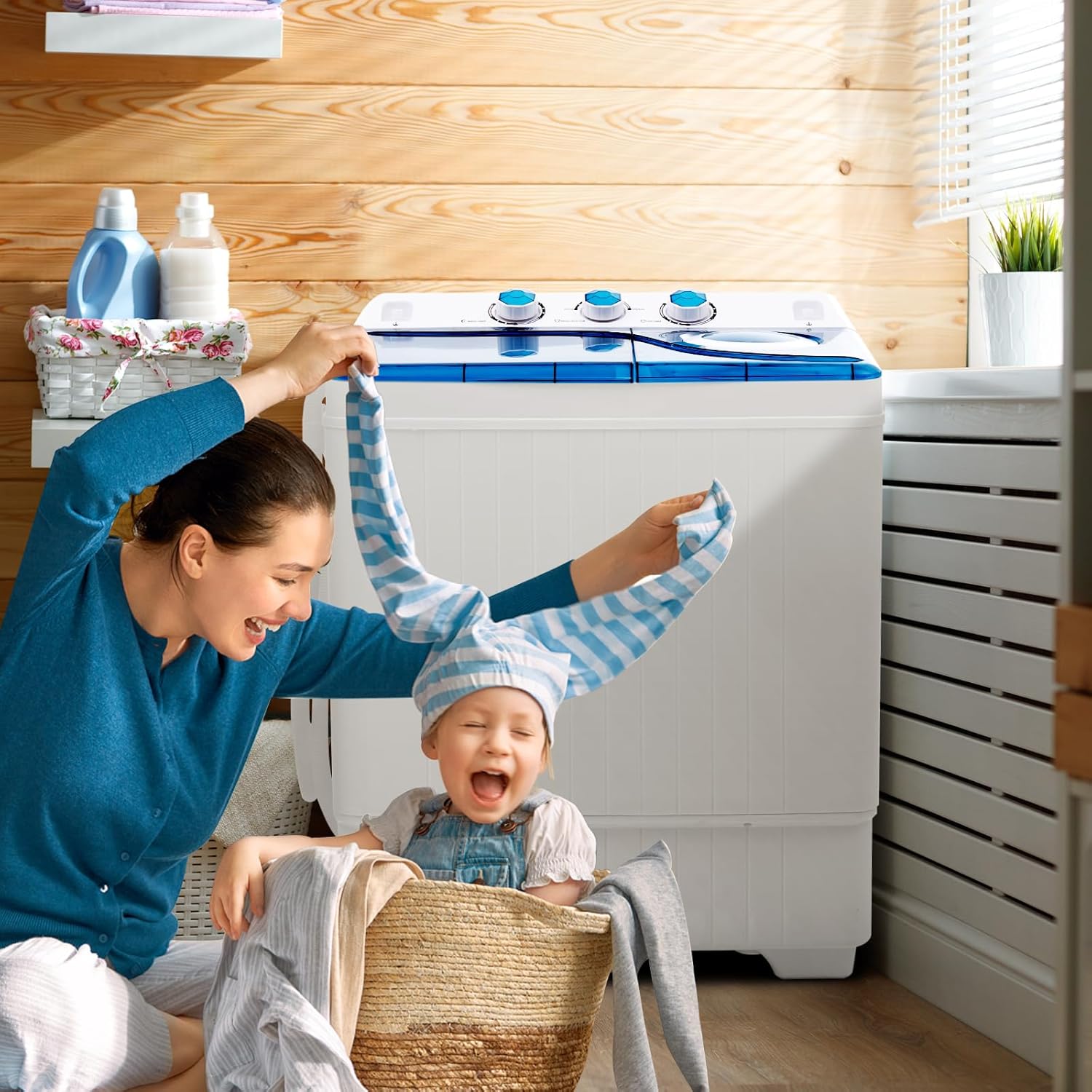 GOPLUS Toplader Waschmaschine 6,5KG, Waschmaschine mit 2 Kammern, Timer-Funktion, Waschautomat mit 2KG Schleuderkapazität, inkl. Ablaufpumpe, für kleine Wohnungen (Blau)