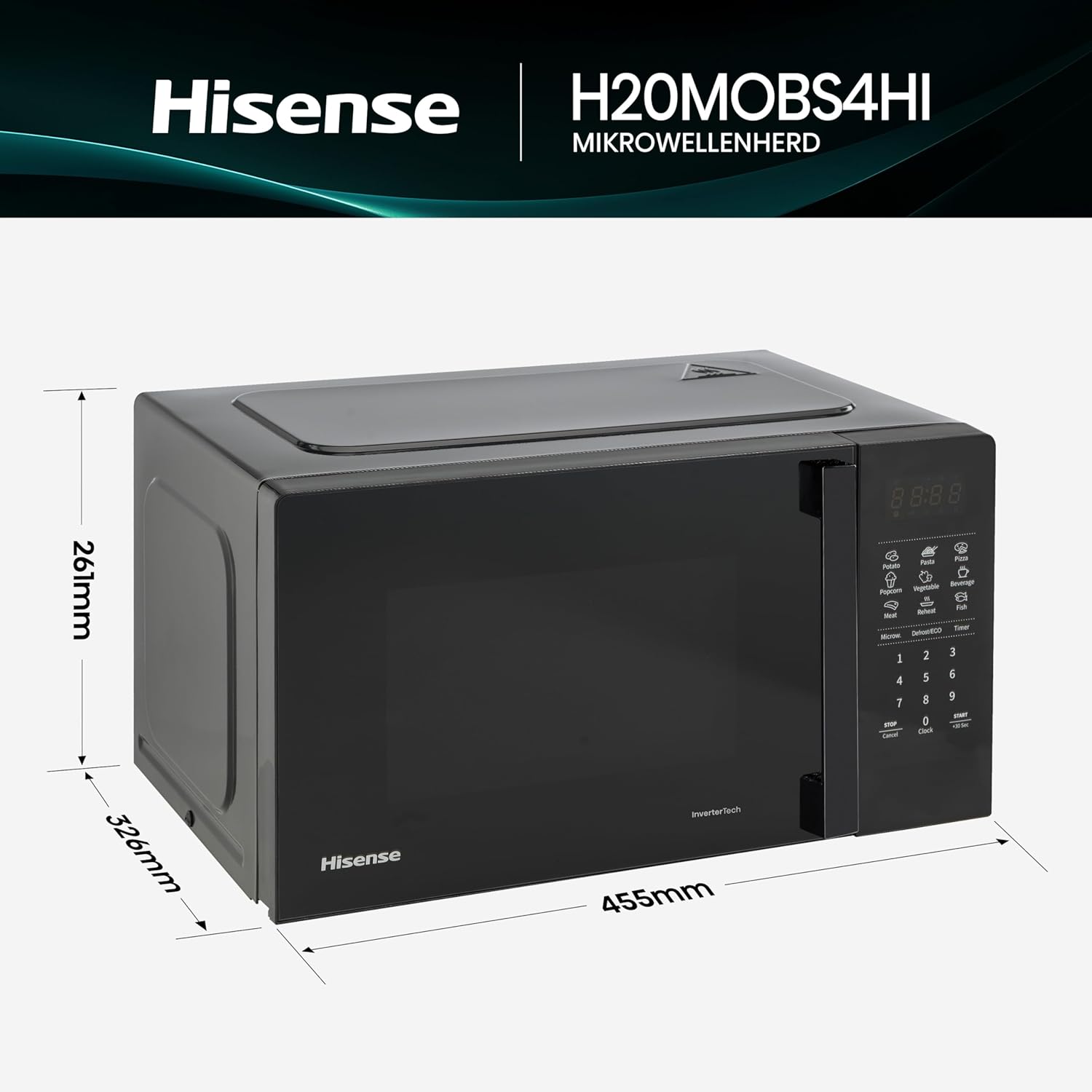 Hisense Elektronische Mikrowelle, Fassungsvermögen 23 l, Leistung 800 W, Grillleistung 1000 W, LED-Display mit Touch-Steuerung, Schwarz