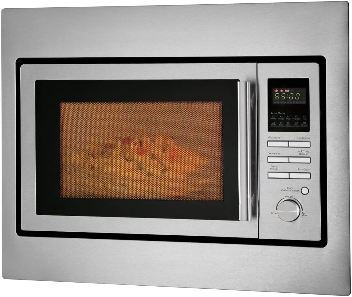 Bomann 3in1 Einbau-Mikrowelle mit Grill und Heißluft, Microwave, 25 L Garraum, 10 Automatikprogramme, Auftaufunktion, inkl. Grillrost und Drehteller (Ø 32 cm), 900 Watt, Edelstahl, MWG 2216 H EB