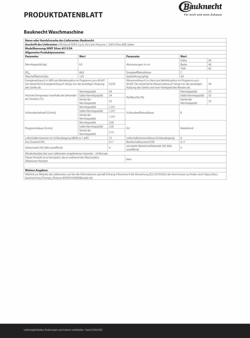 Bauknecht WMT Silver 6513 D4 Toplader-Waschmaschine/ 6,5 kg/ 1300 UpM/Vollwasserschutz/Autom.-Trommelpositionierung/SoftOpening/ 15° Green&Clean/Kurz 30/ Aqua Saver/Extra Spülen/Startzeitvorwahl