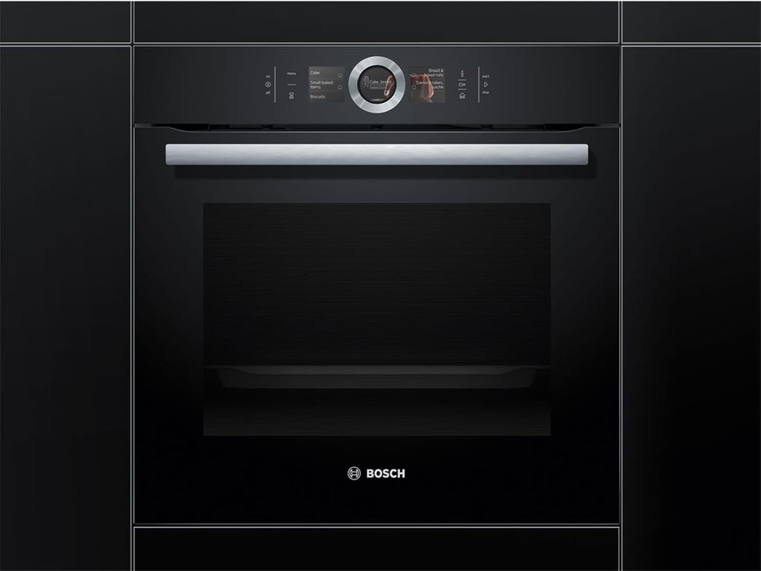 Bosch HMG7361B1, Serie 8 smarter Einbau-Backofen mit Mikrowellenfunktion, 60 x 60 cm, Made in Germany, Schwarz, Air Fry, Digitaler Bedienring, Touchdisplay, Automatikprogramme, Reinigungsunterstützung