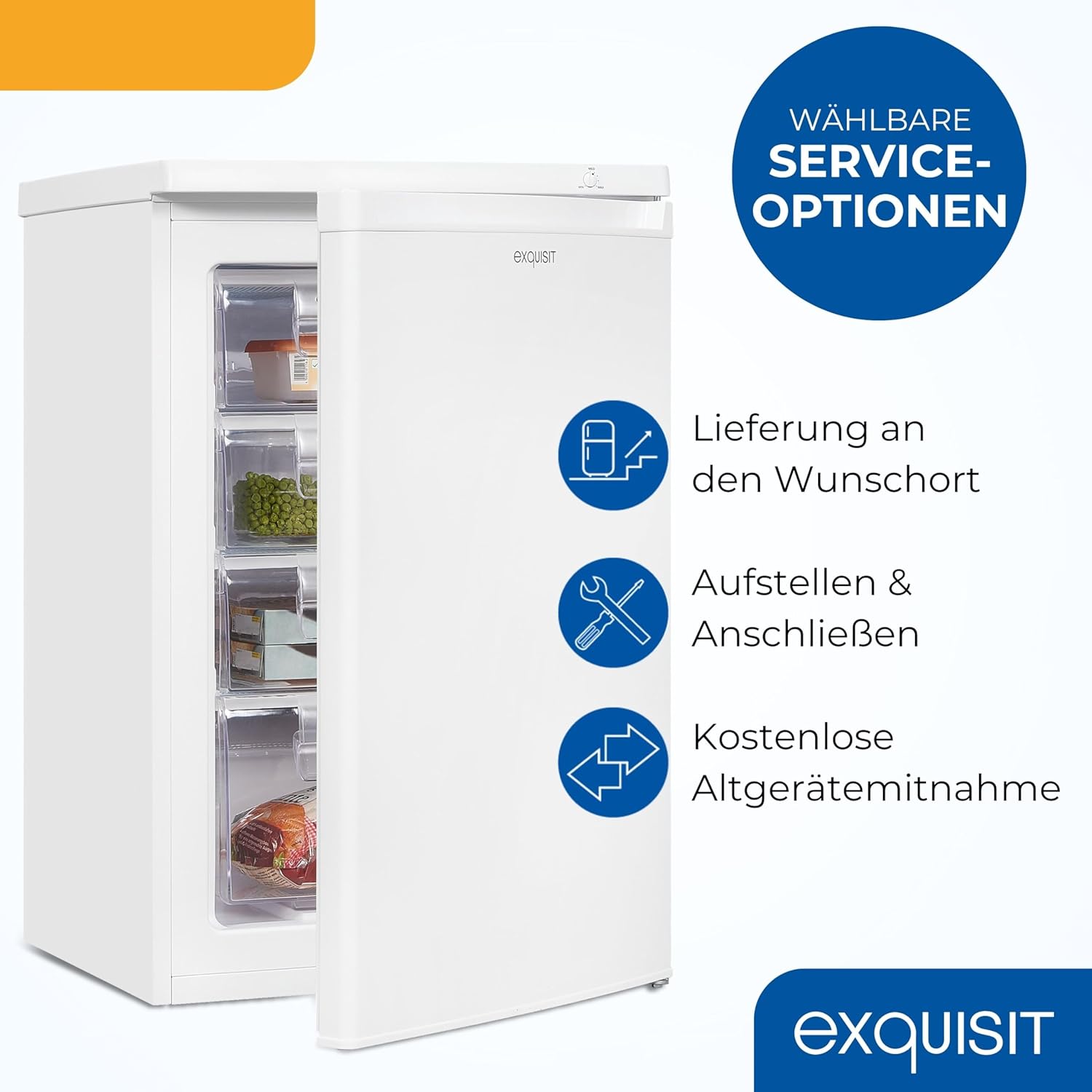 Exquisit Gefrierschrank, Tiefkühlschrank mit 4 Schubladen, 4-Sterne-Gefrieren, 91 Liter, Gefrierschrank klein, GS512-040E weiss