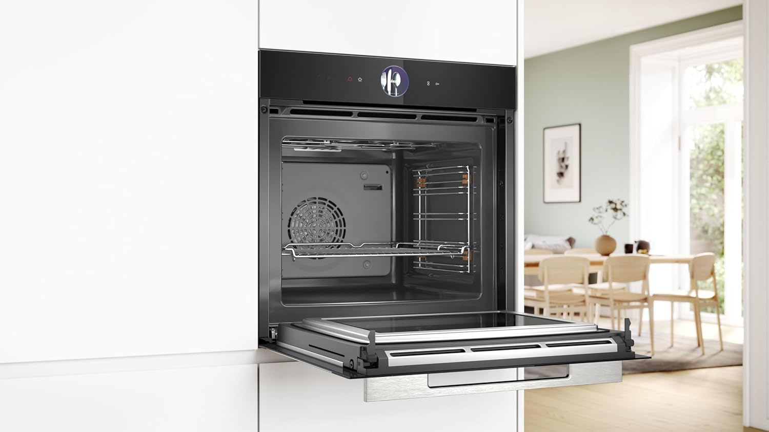 Bosch HMG7361B1, Serie 8 smarter Einbau-Backofen mit Mikrowellenfunktion, 60 x 60 cm, Made in Germany, Schwarz, Air Fry, Digitaler Bedienring, Touchdisplay, Automatikprogramme, Reinigungsunterstützung