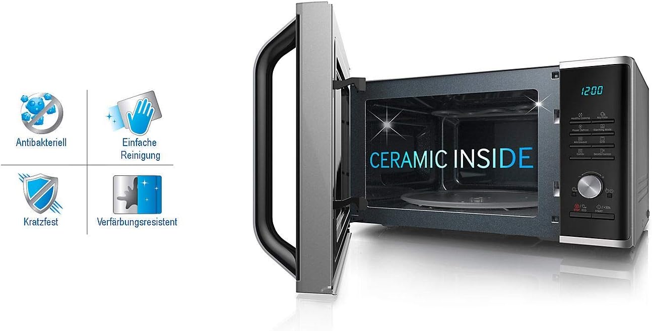 Samsung MS2BF303TAS/EG Mikrowelle, 1000 W, 28 ℓ Garraum (Extra groß), 51,2 cm Breite, Power Defrost, 26 Automatikprogramme, Silber