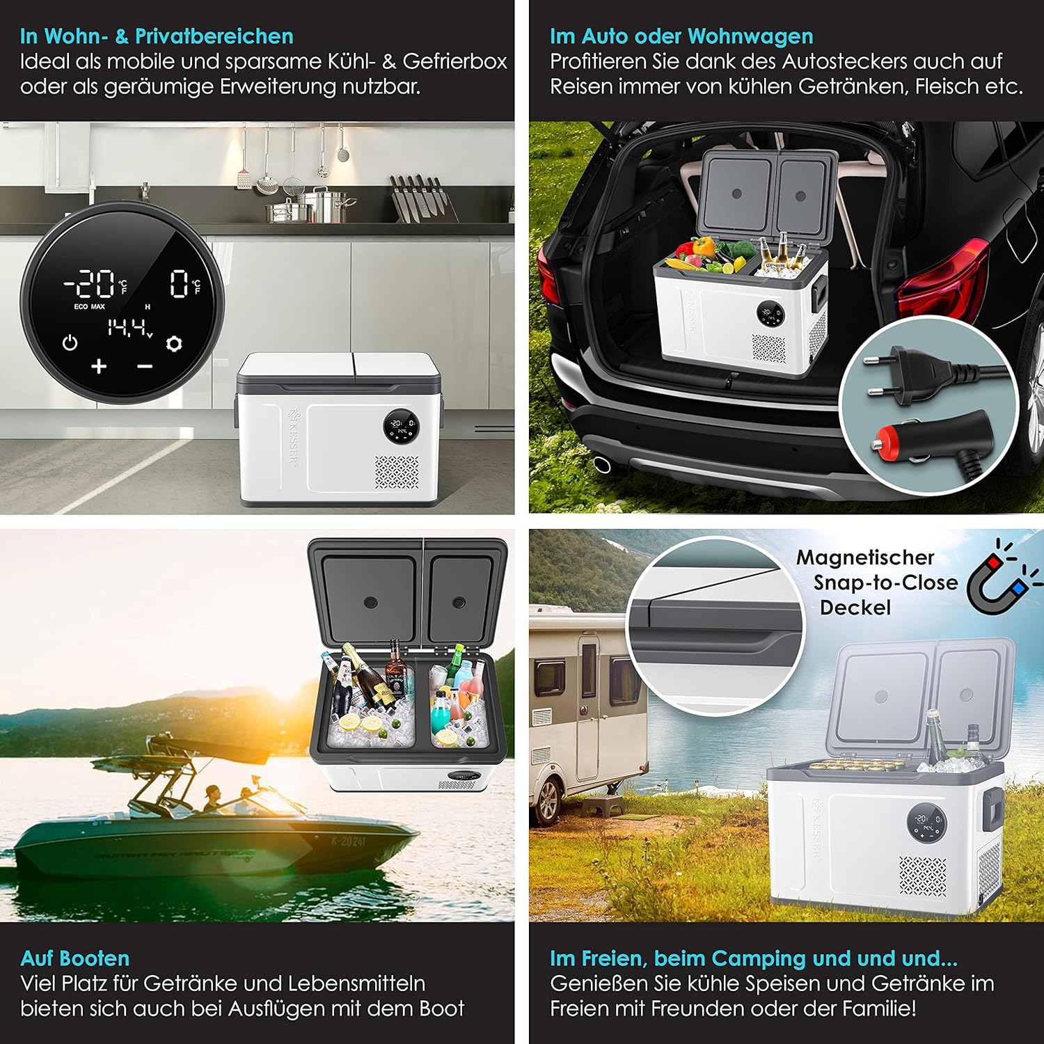 KESSER® Kompressor Kühlbox 2in1 Doppelzone Kühl & Gefrierfach elektrische Gefrierbox mit 2x Kühlakkus & LED-Touch-Bedienung | Kühlschrank Kühlung bis -20 °C für Camping, Auto, Lkw 12/24V 230V