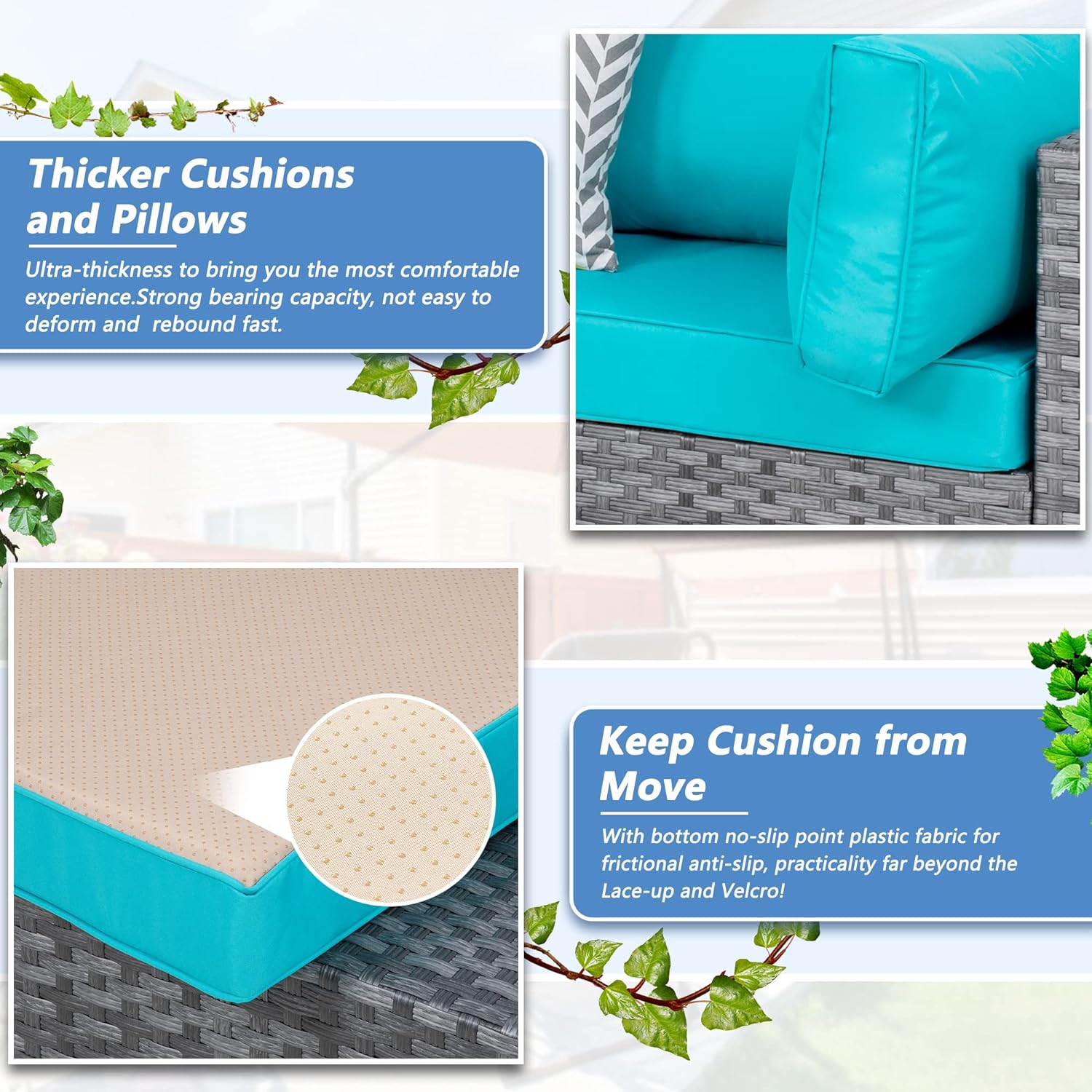 Shintenchi 5 Pieces Outdoor Patio Sectional Sofa Couch, Silver Gray PE Wicker Furniture Conversation Sets with Washable Cushions & Glass Coffee Table for Garden, Poolside, Backyard (Aegean Blue)