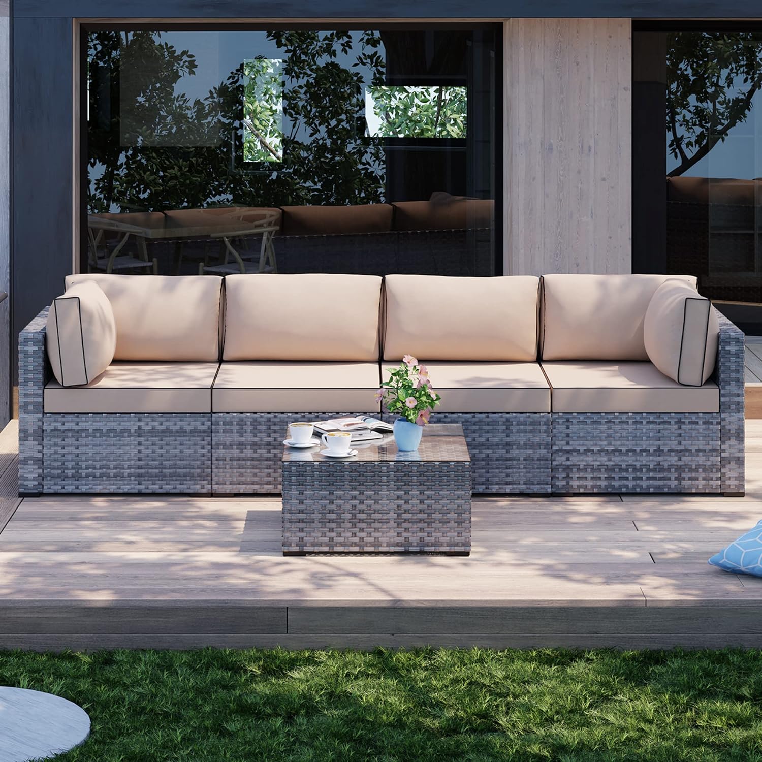 Shintenchi 5 Pieces Outdoor Patio Sectional Sofa Couch, Silver Gray PE Wicker Furniture Conversation Sets with Washable Cushions & Glass Coffee Table for Garden, Poolside, Backyard (Aegean Blue)