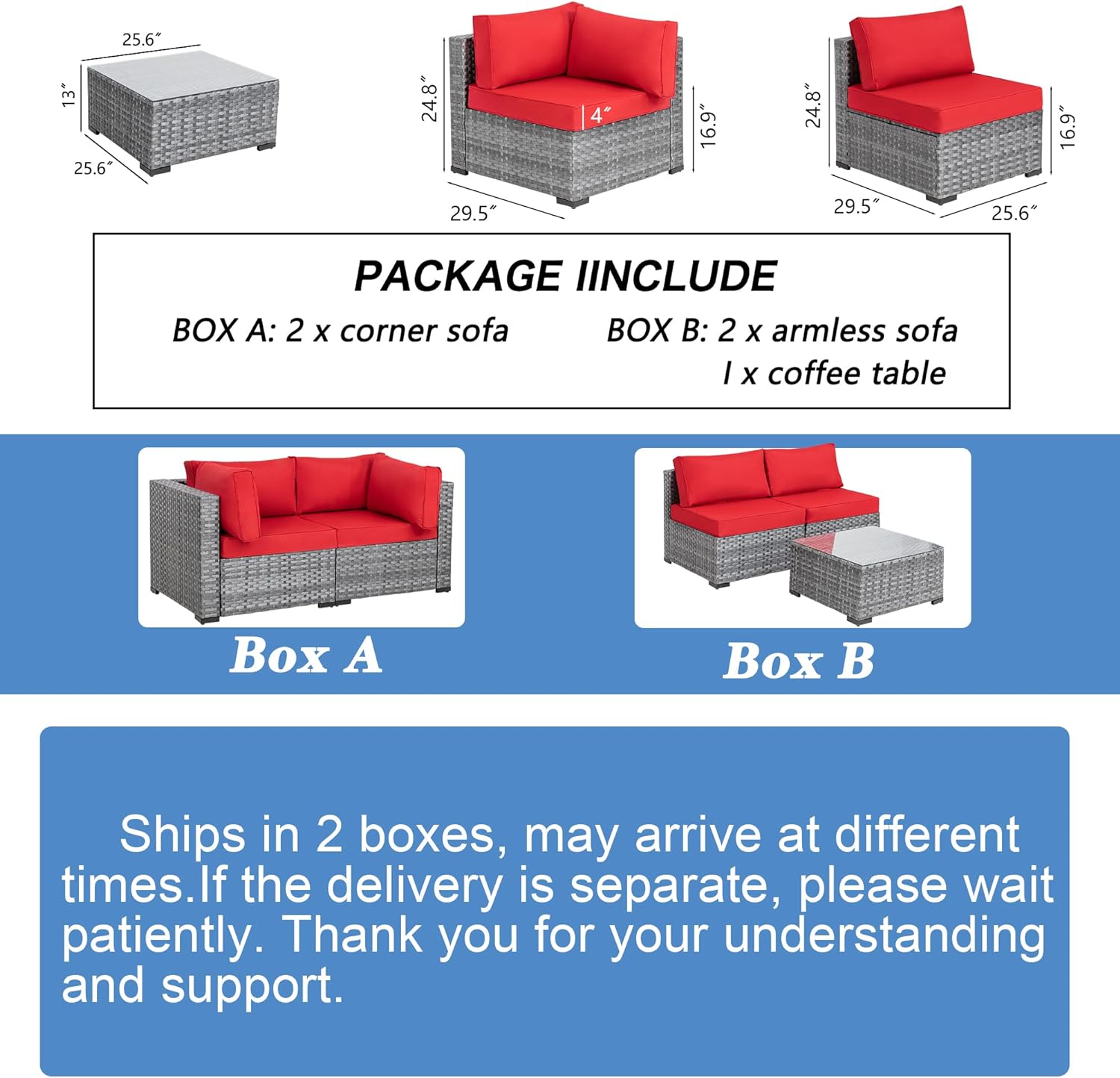 Shintenchi 5 Pieces Outdoor Patio Sectional Sofa Couch, Silver Gray PE Wicker Furniture Conversation Sets with Washable Cushions & Glass Coffee Table for Garden, Poolside, Backyard (Aegean Blue)