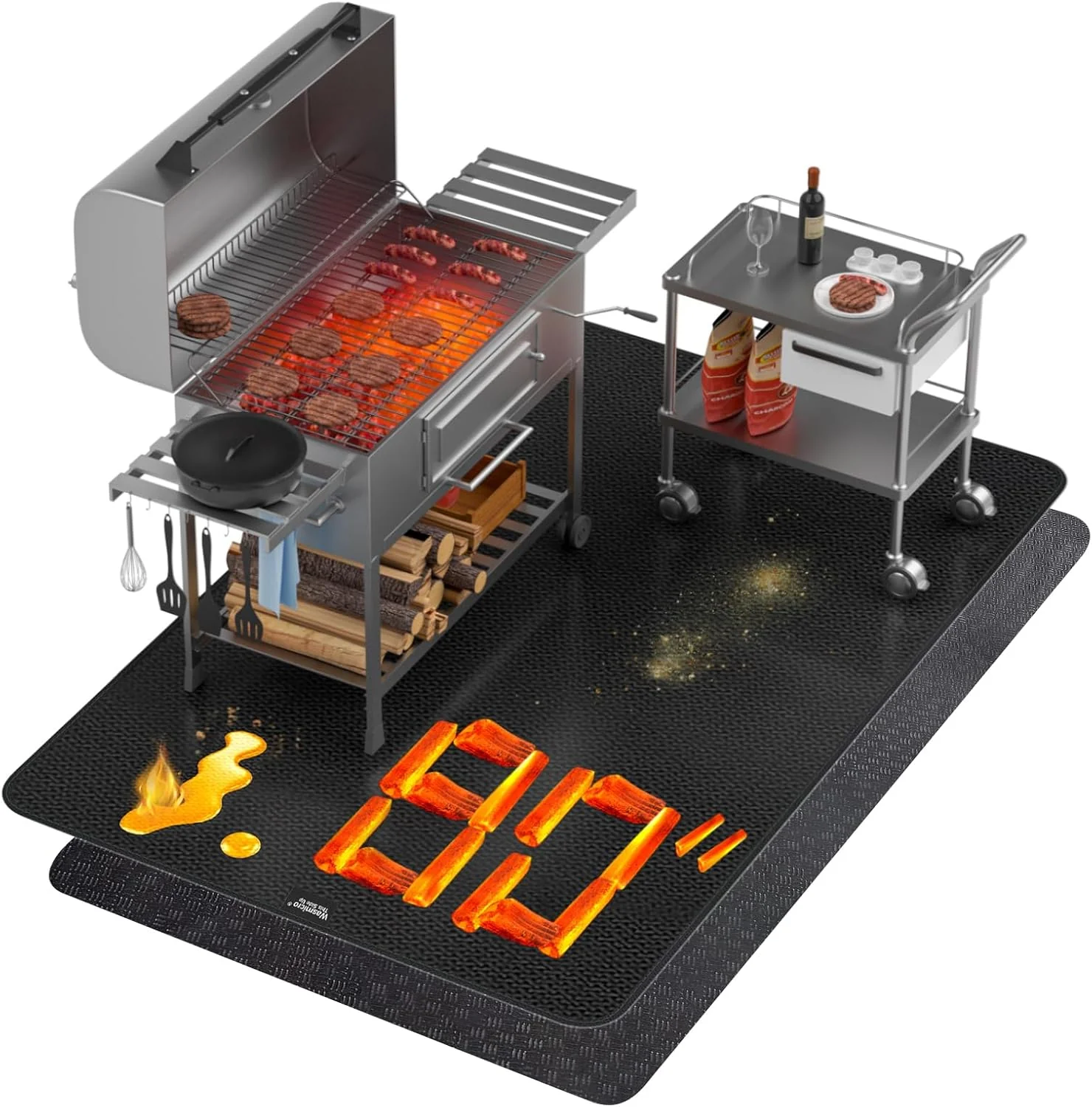 Double Layer Thickened Large Under Grill Mat 90x48 Inch, Fireproof Mat with Anti-Slip Rug 2-in-1